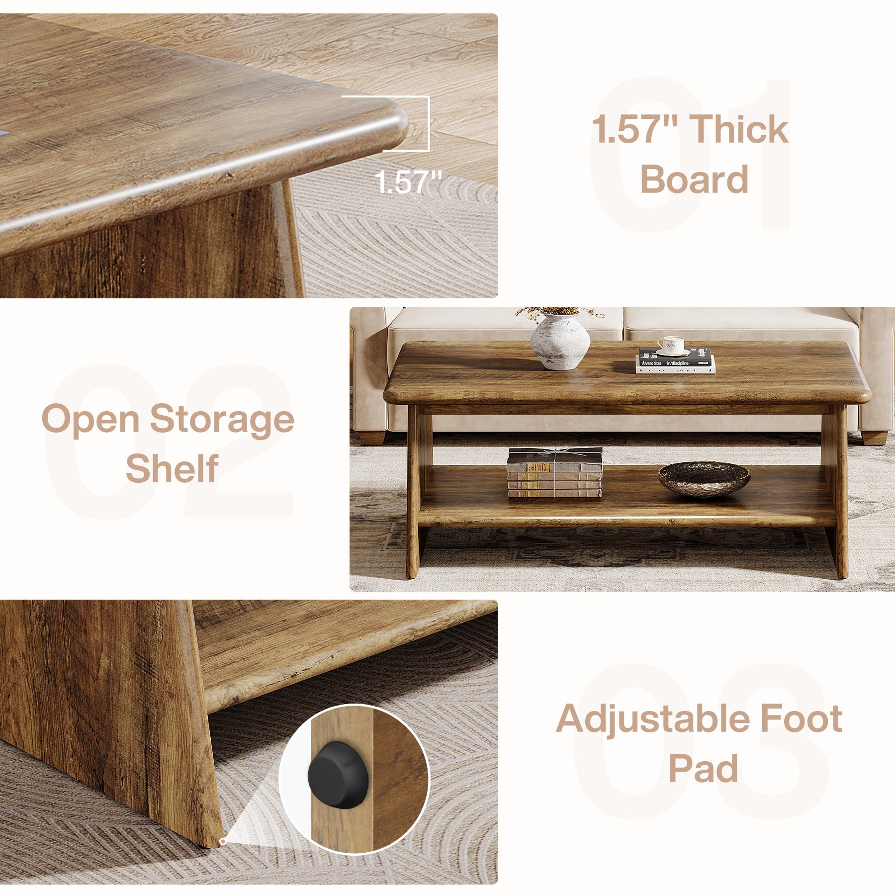 47.2" Coffee Table, Vintage Accent Center Table with Storage Shelf Tribesigns