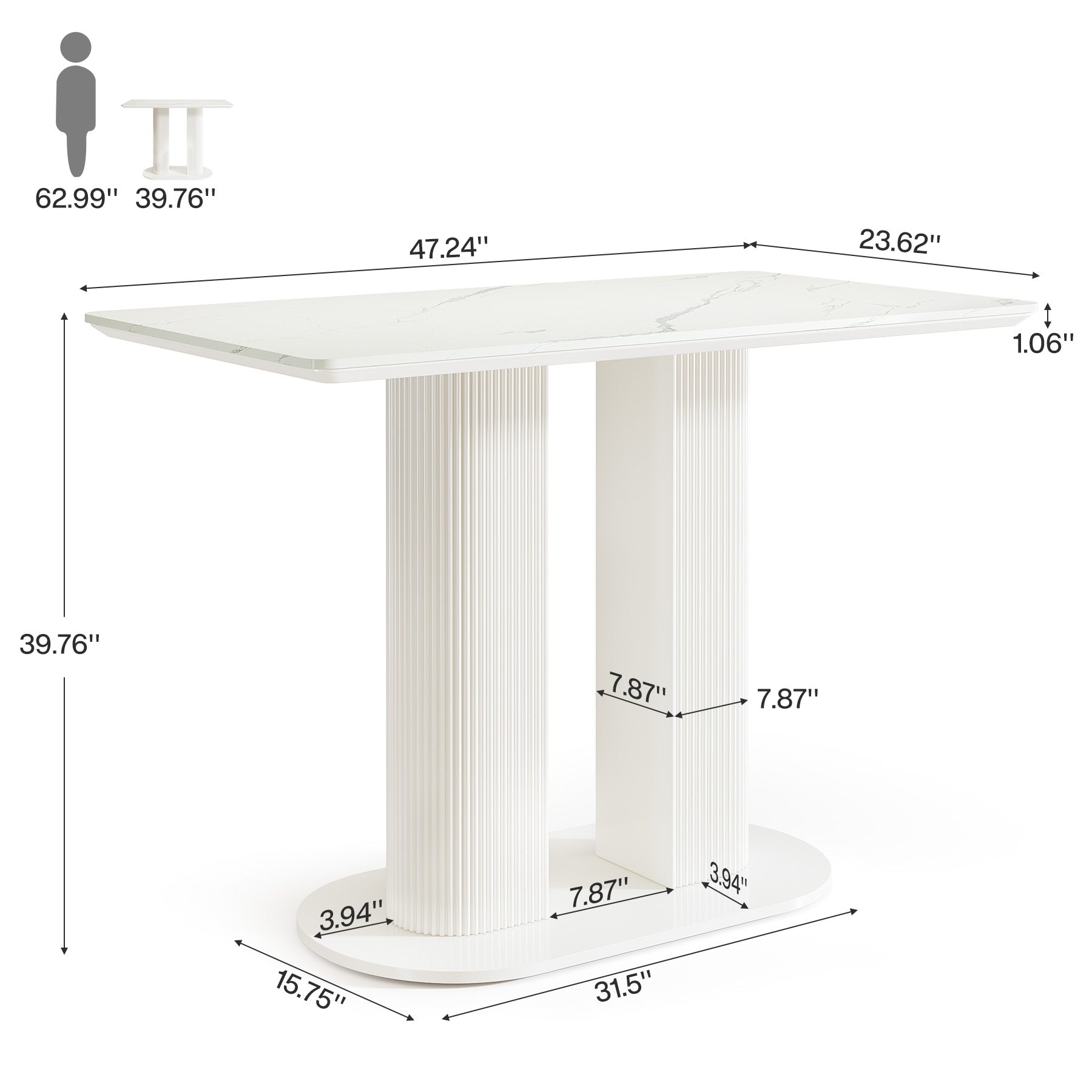 47" Bar Unit, Rectangular Bar Table Pub Table with Faux Marble Finished Tabletop
