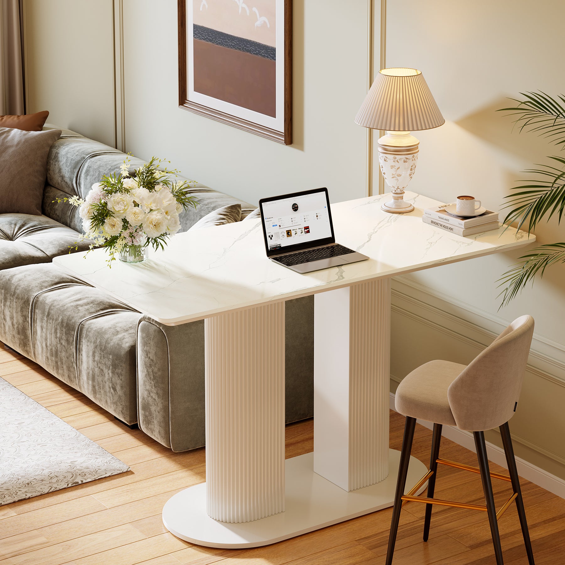 47" Bar Unit, Rectangular Bar Table Pub Table with Faux Marble Finished Tabletop