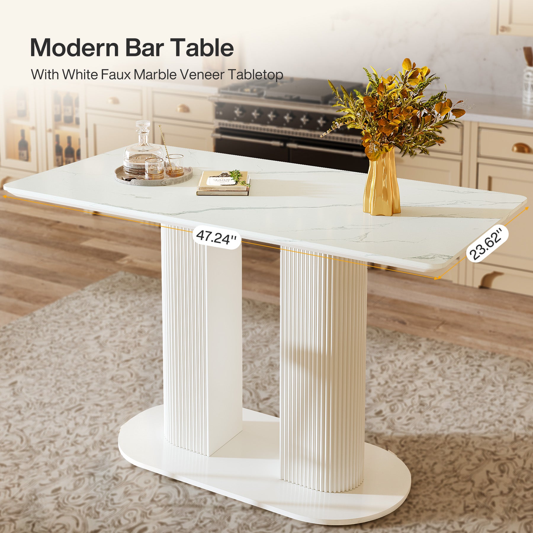 47" Bar Unit, Rectangular Bar Table Pub Table with Faux Marble Finished Tabletop