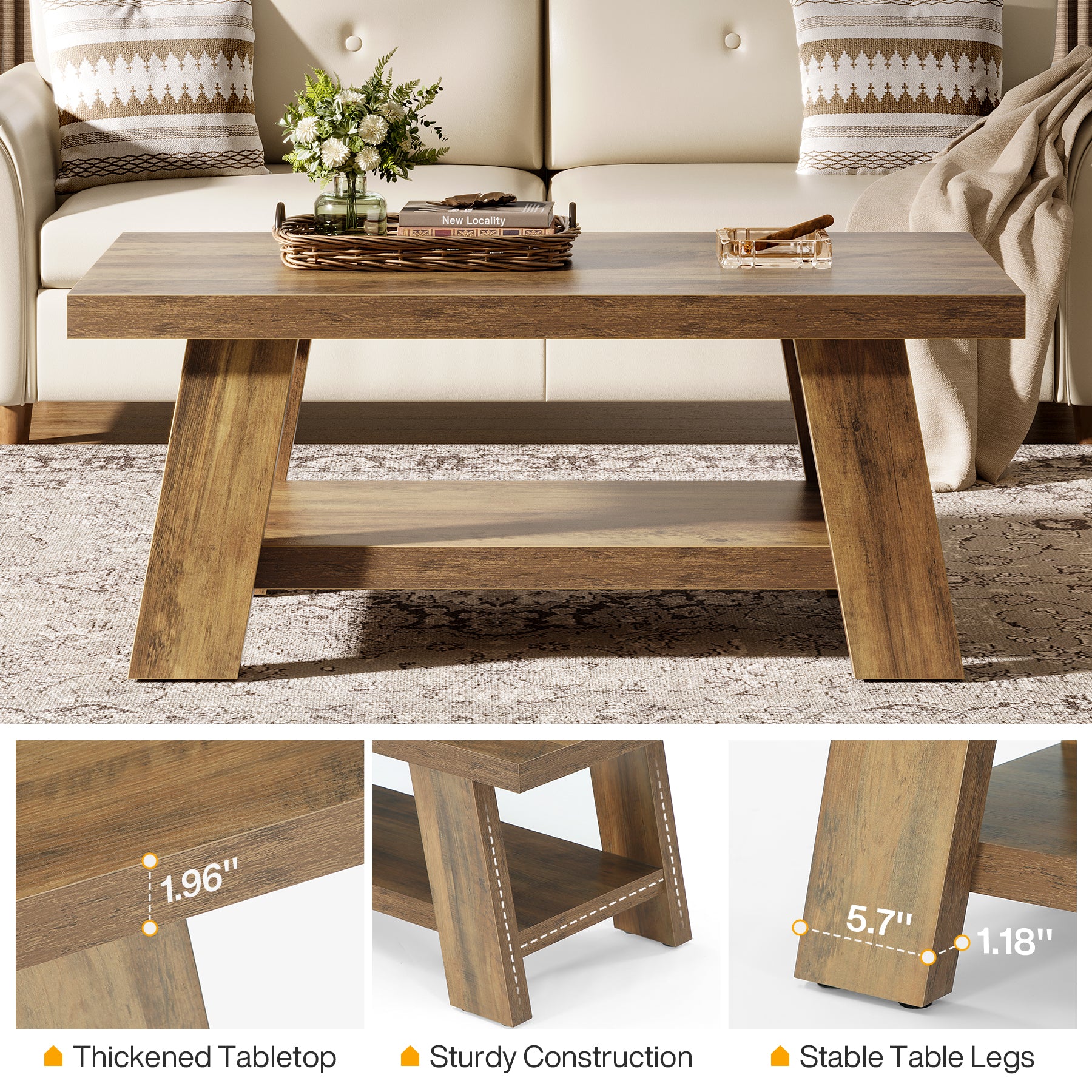 47" Coffee Table, Farmhouse 2-tier Center Table with Storage