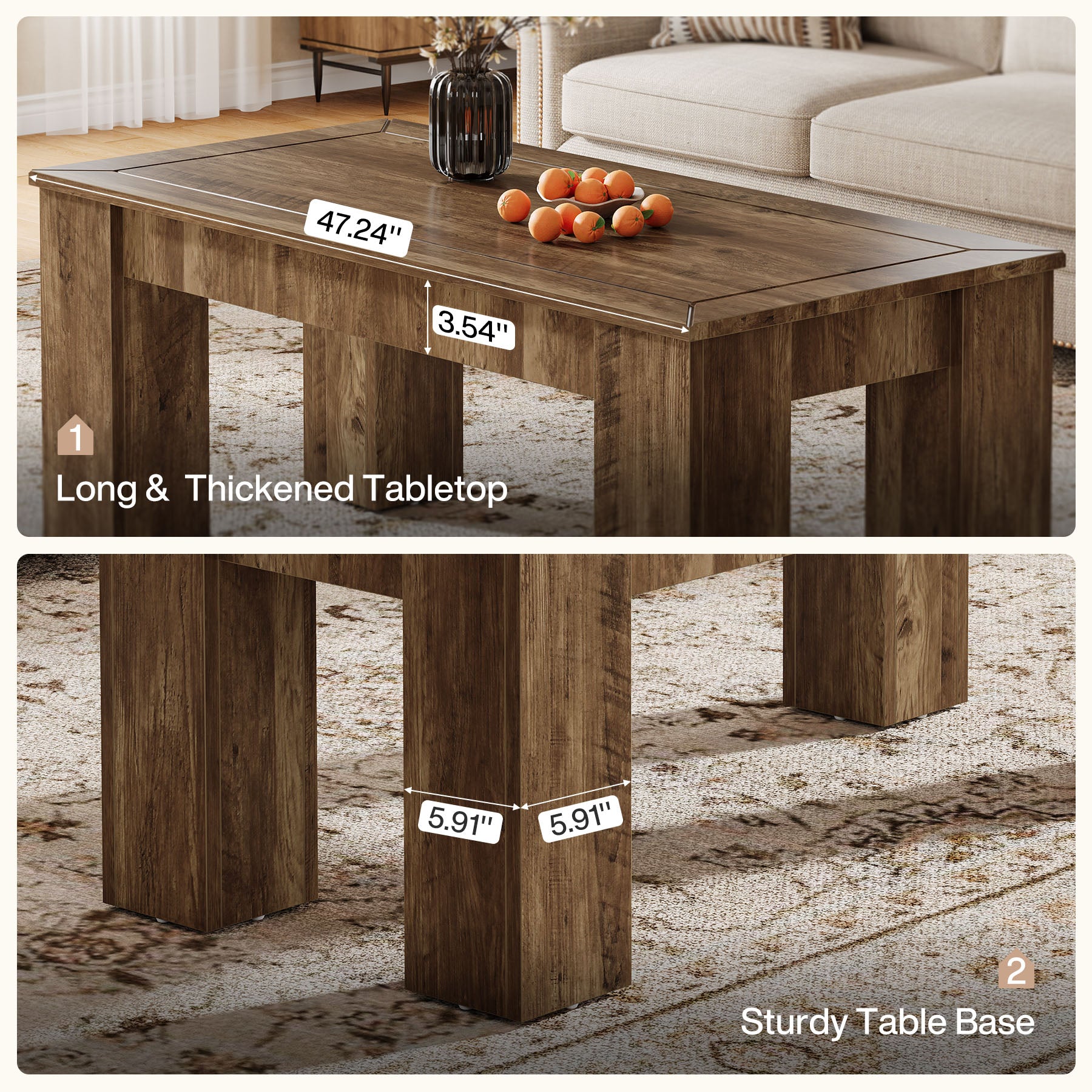 47" Coffee Table, Rectangle Center Cocktail Table with Sturdy Legs for Living Room