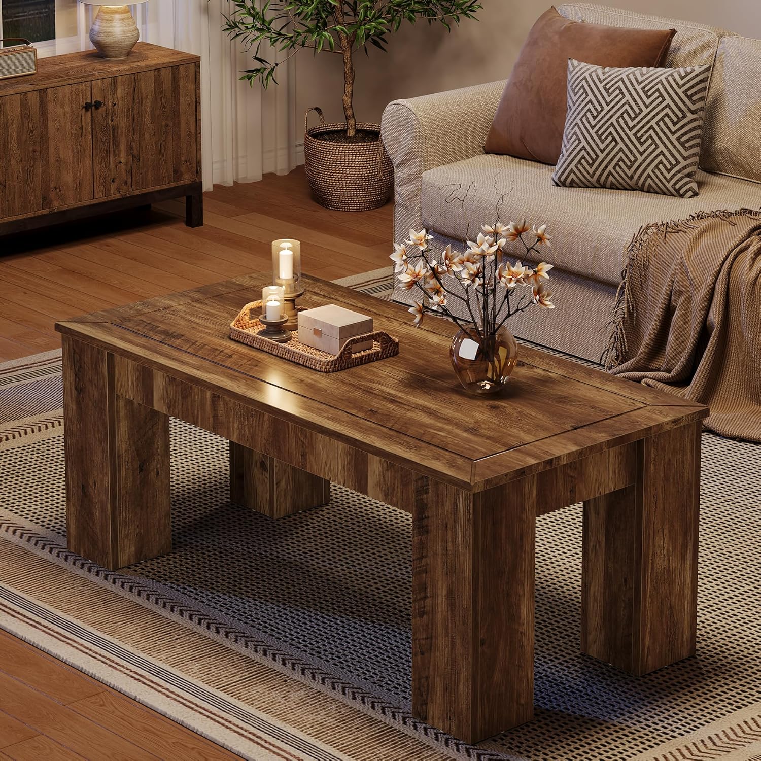 47" Coffee Table, Rectangle Center Cocktail Table with Sturdy Legs for Living Room