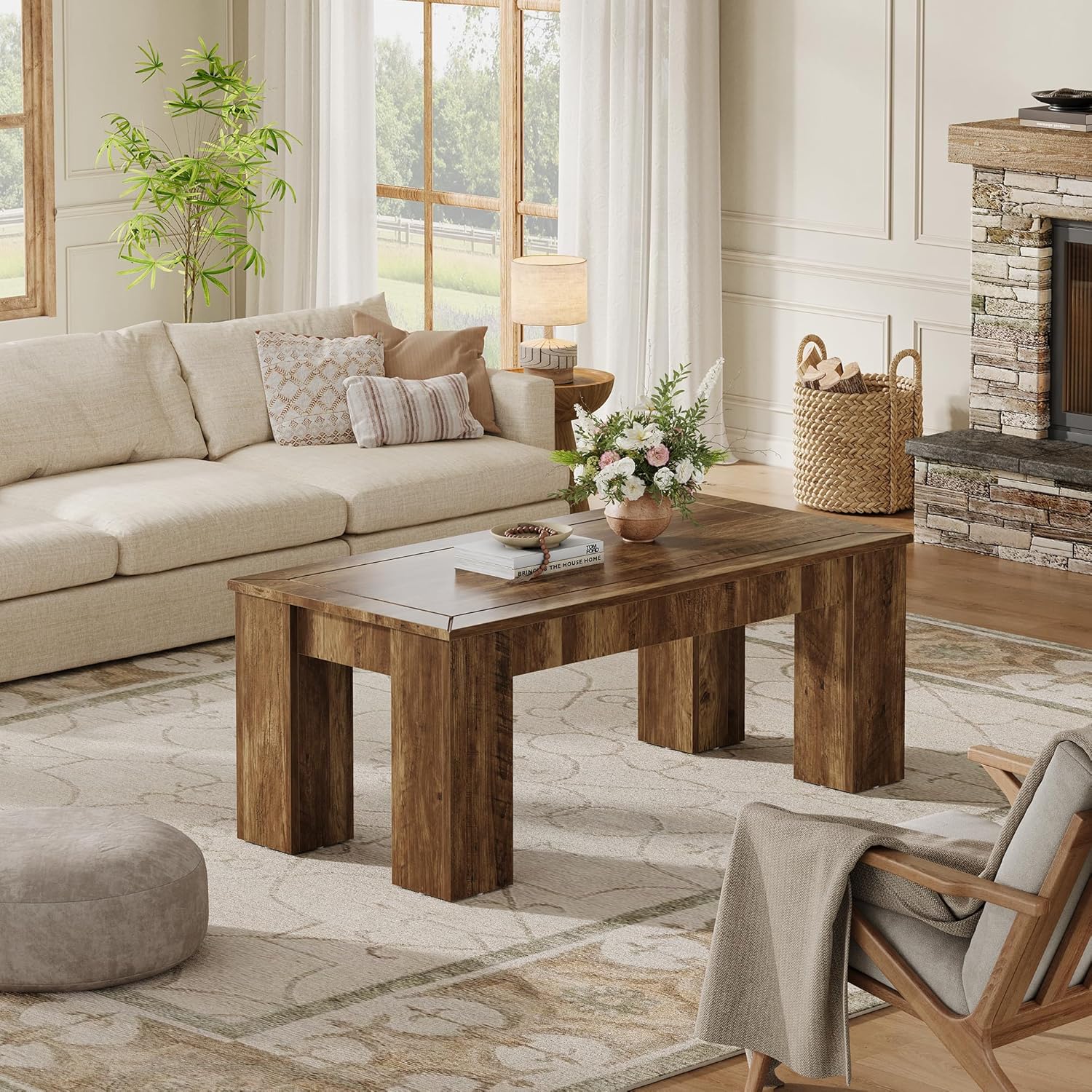 47" Coffee Table, Rectangle Center Cocktail Table with Sturdy Legs for Living Room