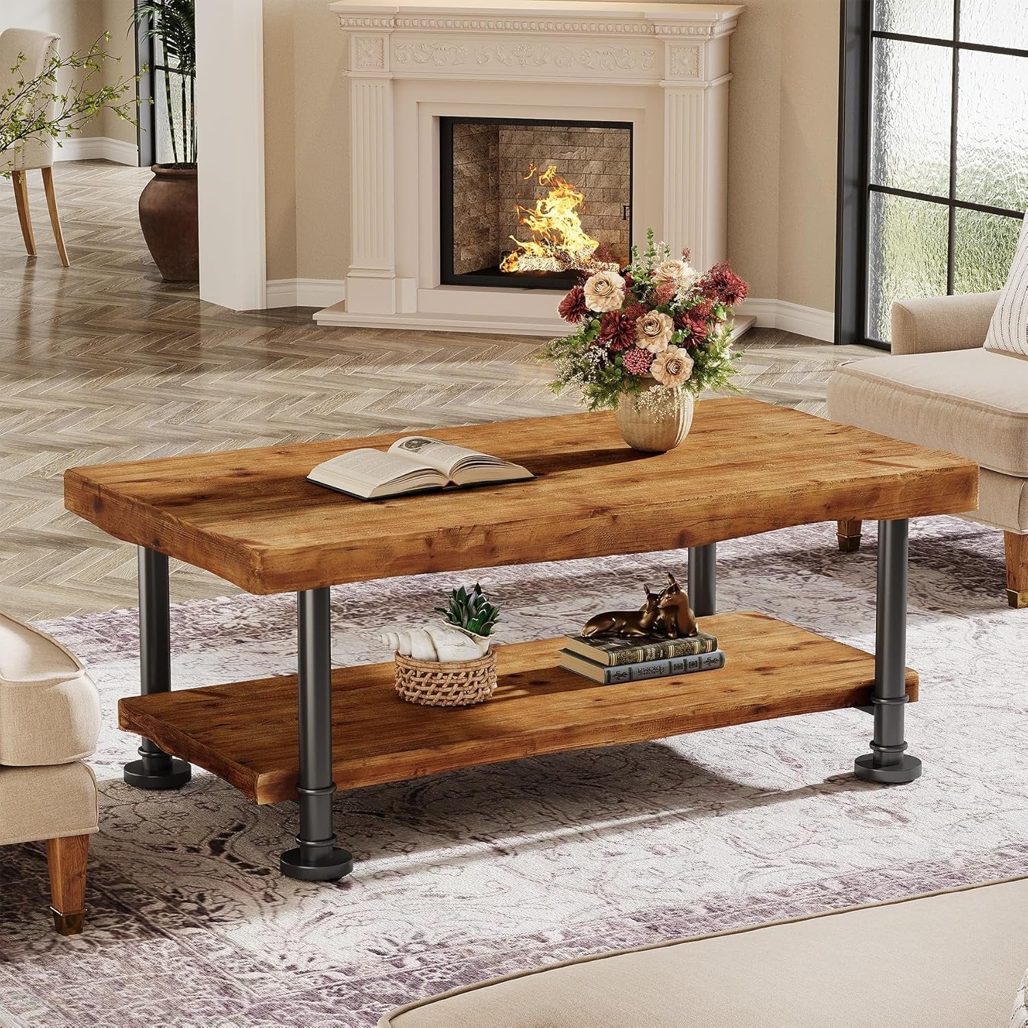 47" Coffee Table, Rectangular Wood Accent Center Table with 2-Tier Shelf