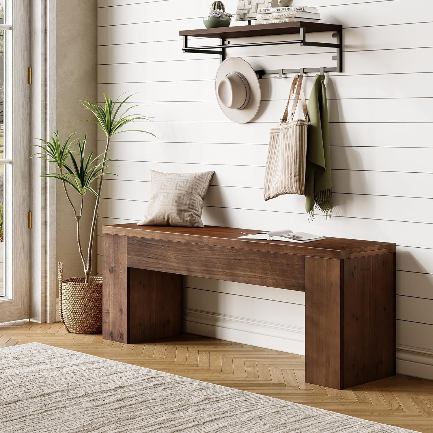 47" Entryway Bench, Solid Wood Farmhouse End of Bed Bench for Foyer