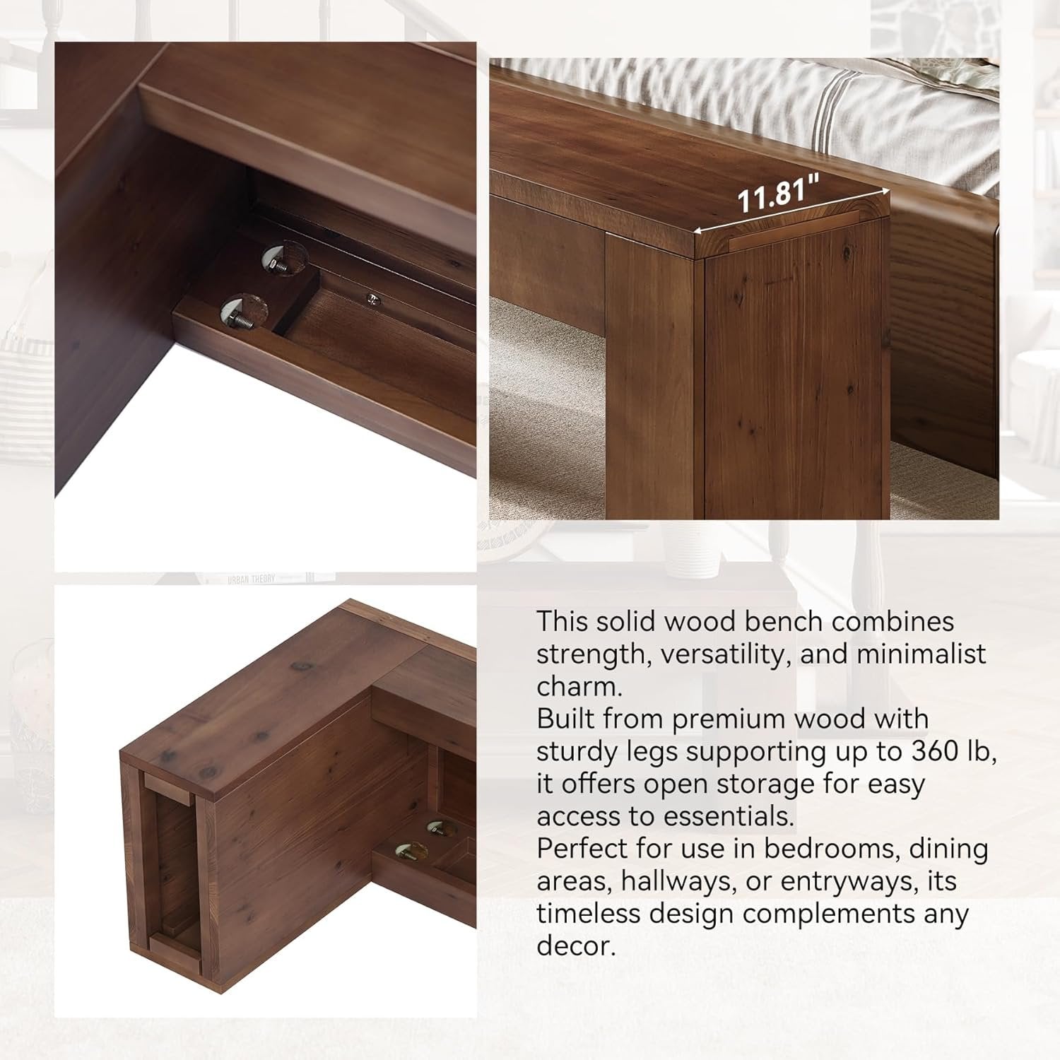 47" Entryway Bench, Solid Wood Farmhouse End of Bed Bench for Foyer