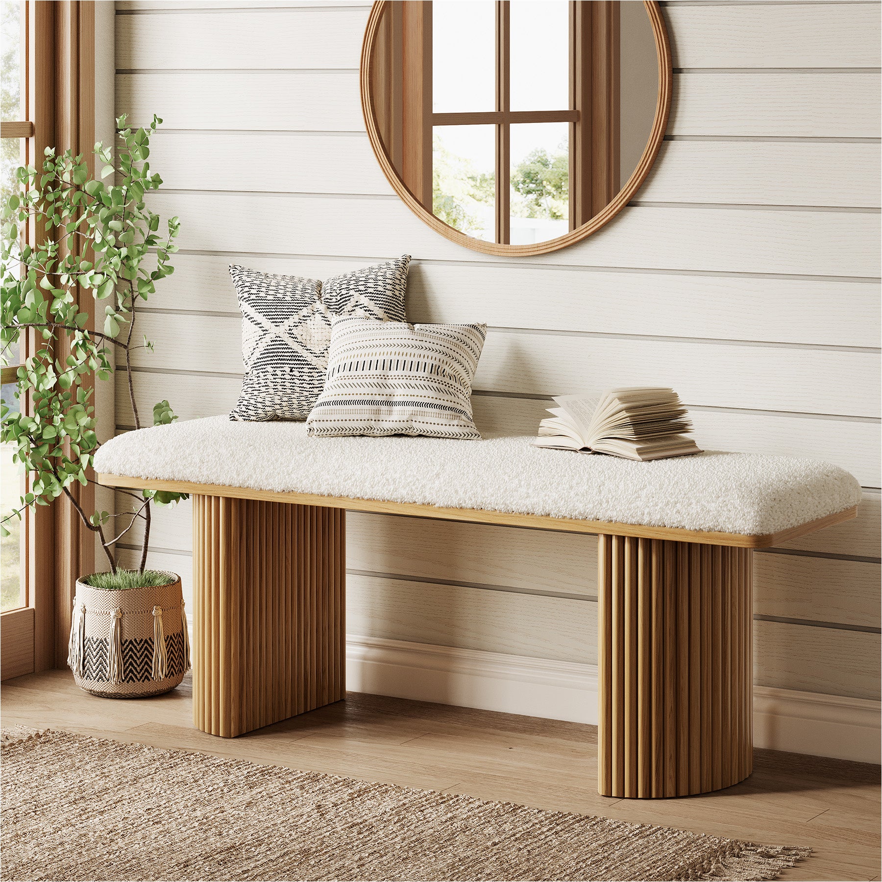 47" Entryway Bench, Wood Upholstered Shoe Bench End of Bed Bench