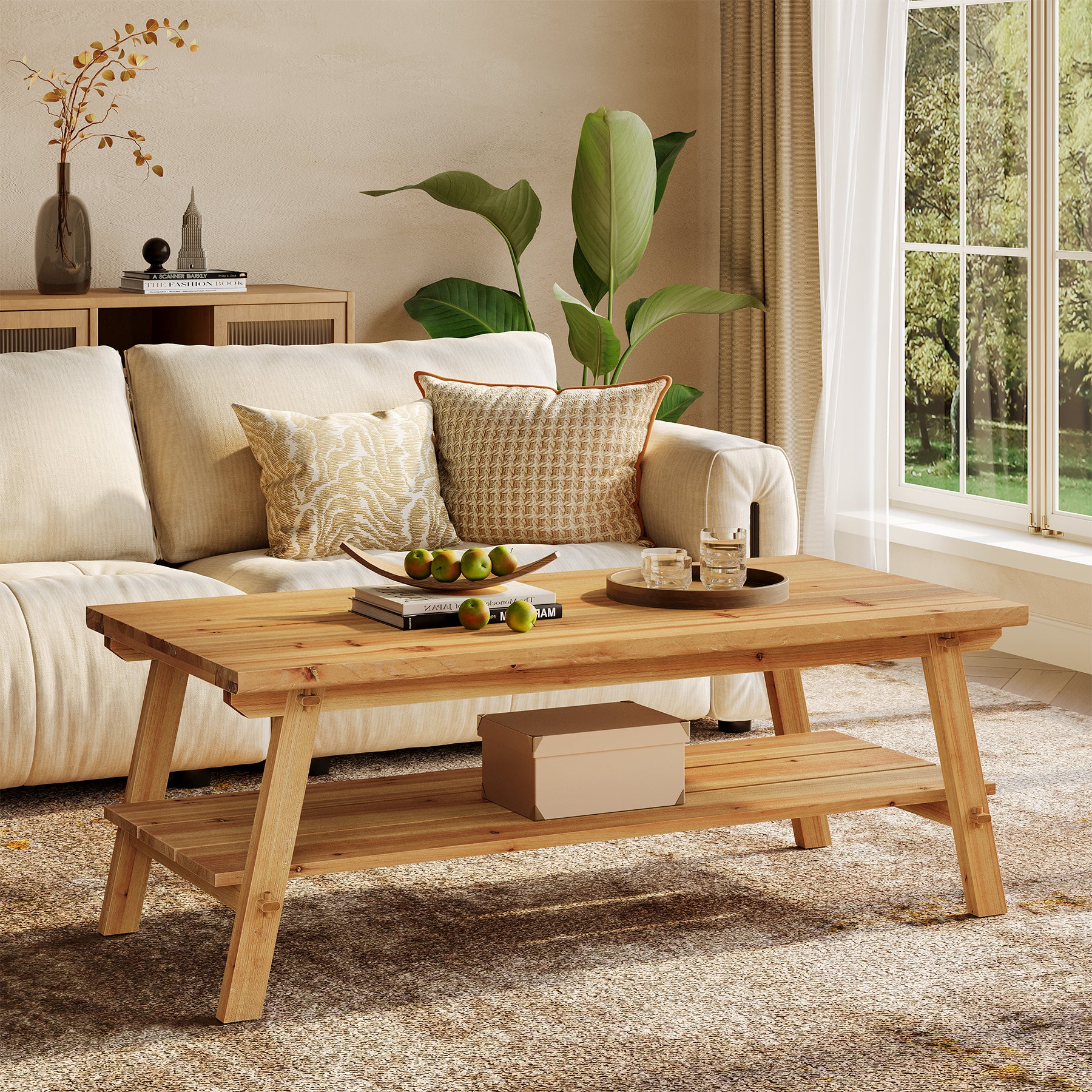 47" Farmhouse Coffee Table, 2-Tier Wood Center Table Tea Table for Living Room