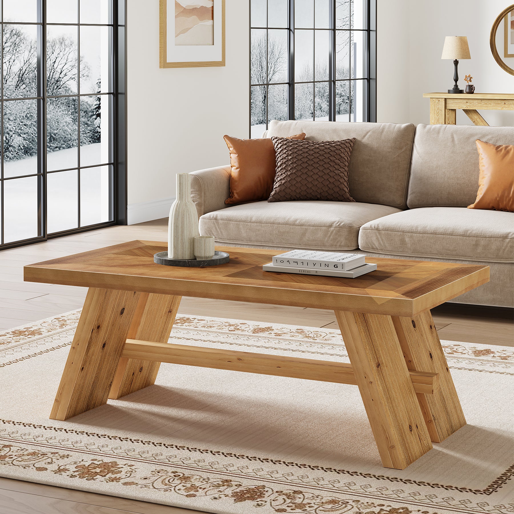 47" Farmhouse Coffee Table, Wood Rectangle Center Table with Geometric Grain Pattern