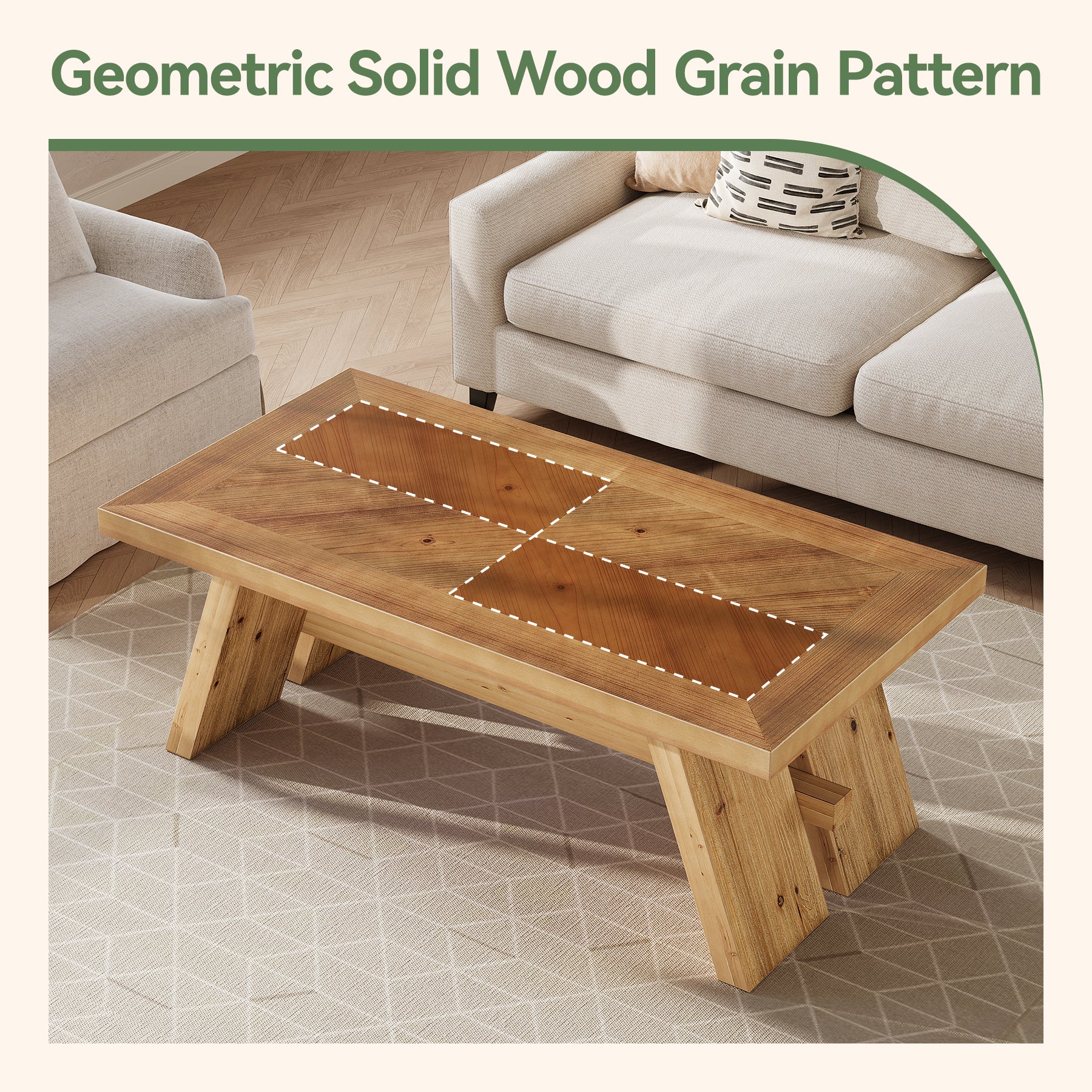 47" Farmhouse Coffee Table, Wood Rectangle Center Table with Geometric Grain Pattern