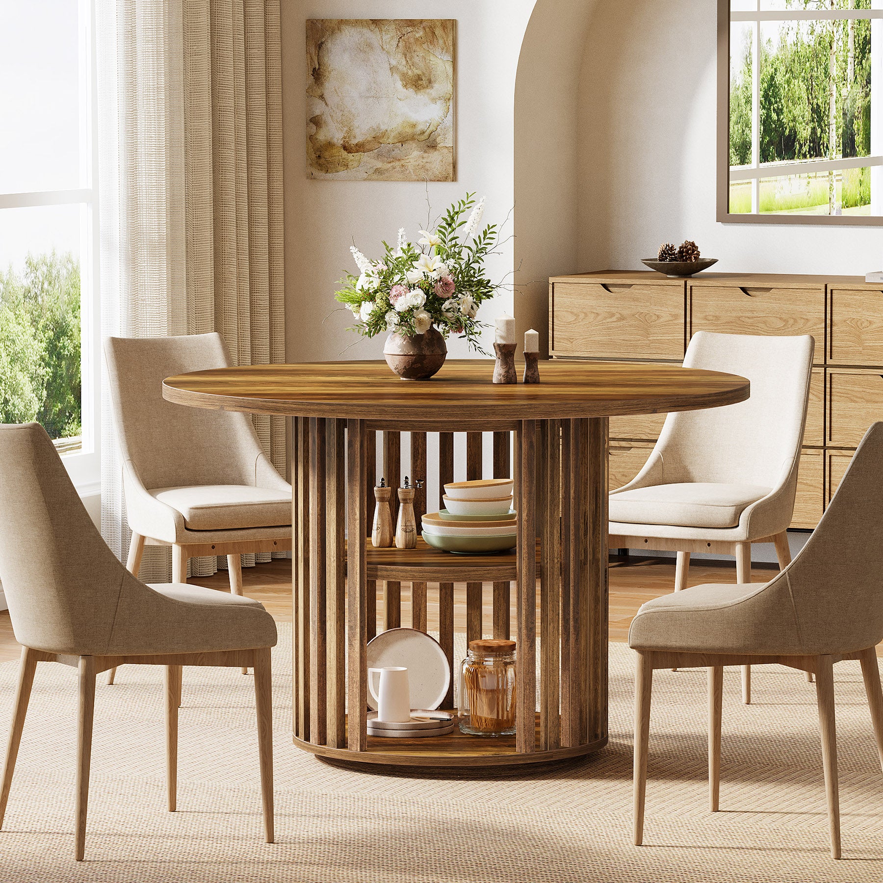 47" Farmhouse Dining Table, Round Kitchen Table with 2-Tier Storage Shelf