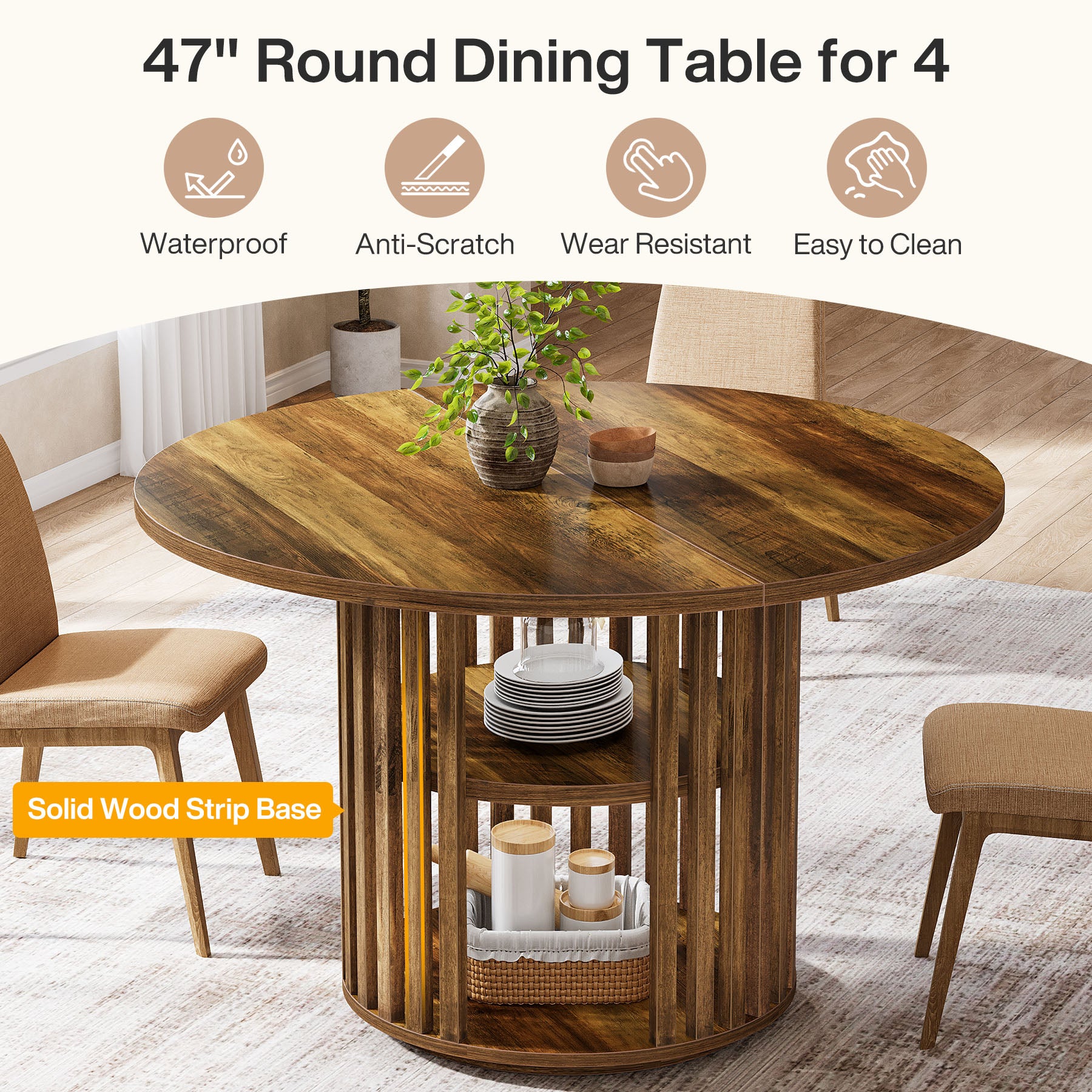 47" Farmhouse Dining Table, Round Kitchen Table with 2-Tier Storage Shelf