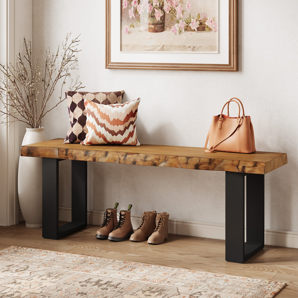 47" Industrial Entryway Bench, Solid Wood Shoe Bench End of Bed Bench