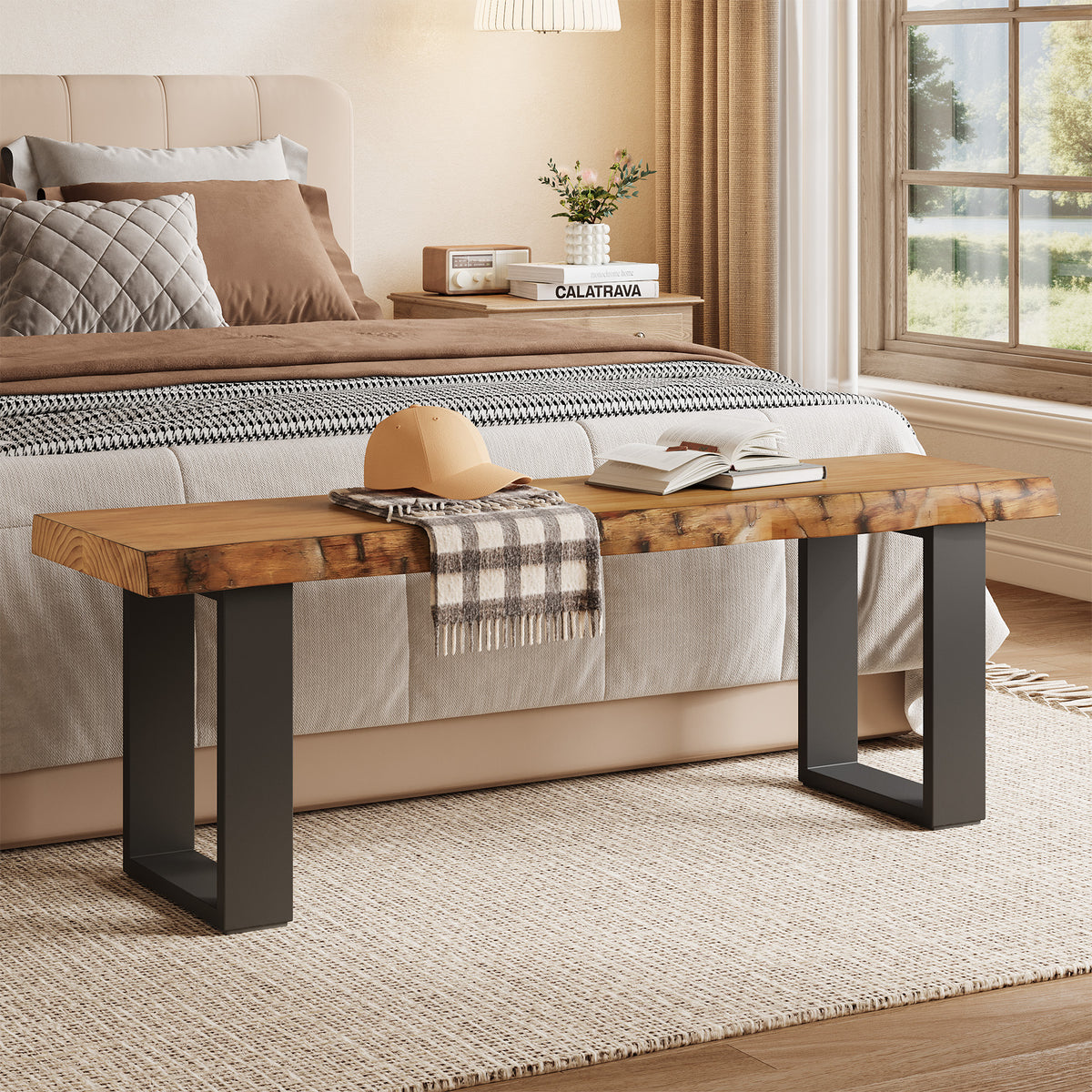 47" Industrial Entryway Bench, Solid Wood Shoe Bench End of Bed Bench