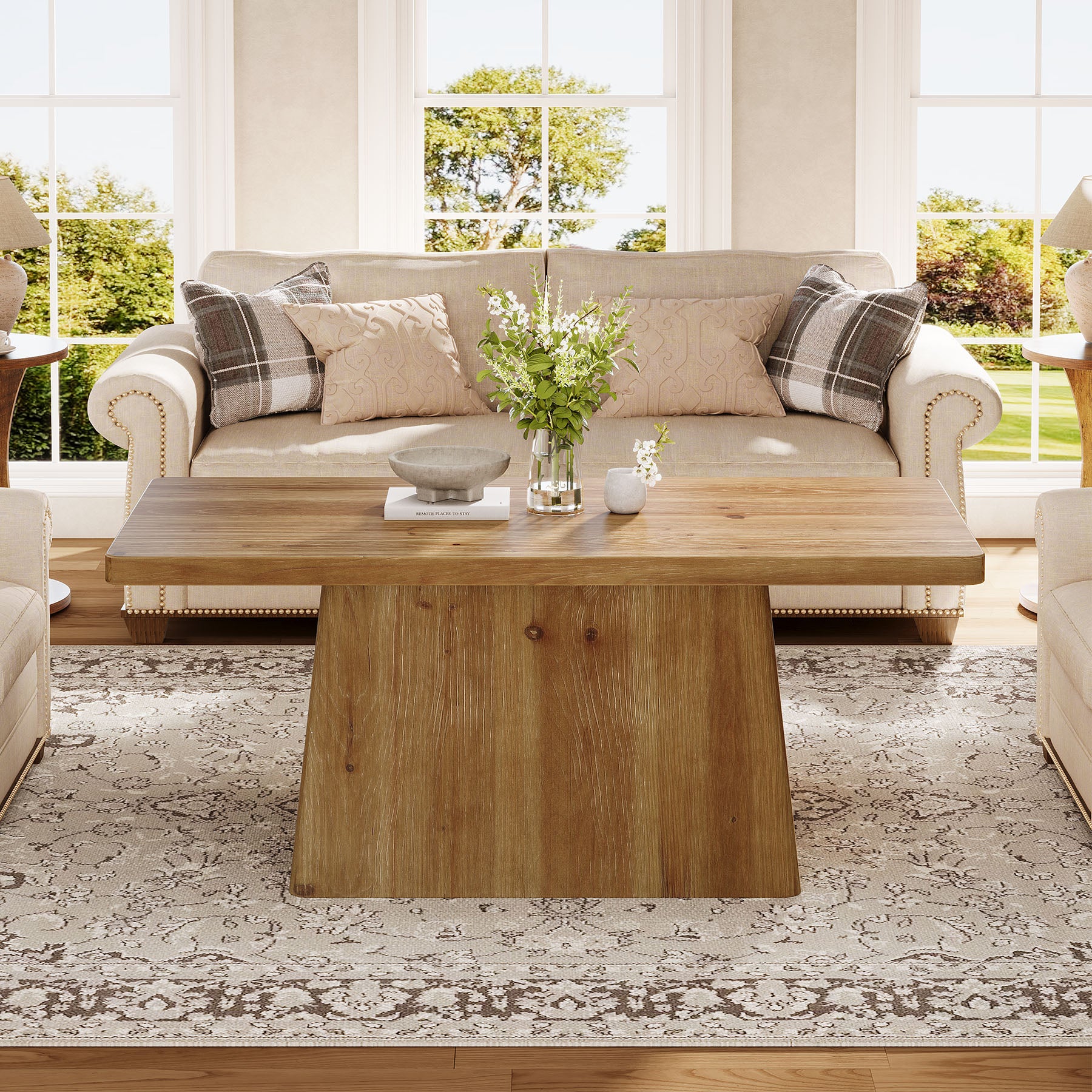 47" Wood Coffee Table, Farmhouse Center Table Tea Table with Sturdy Pedestal