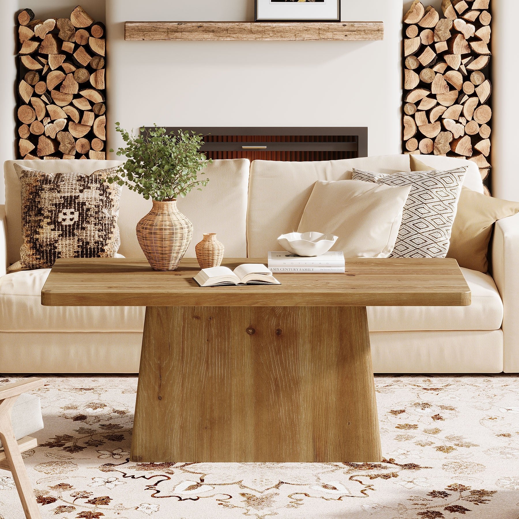 47" Wood Coffee Table, Farmhouse Center Table Tea Table with Sturdy Pedestal