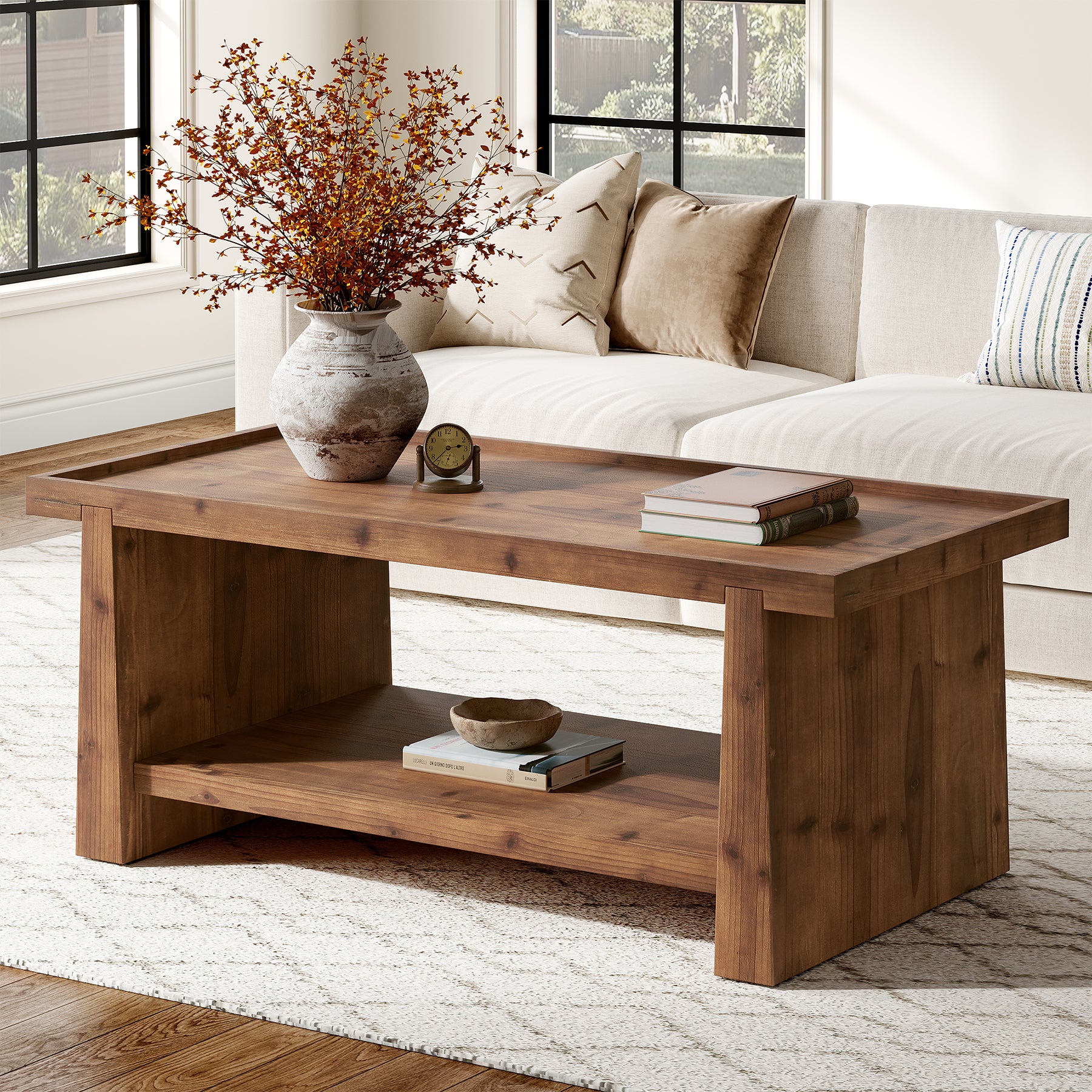 47" Wood Coffee Table, Farmhouse Center Table with 2-Tier Open Storage