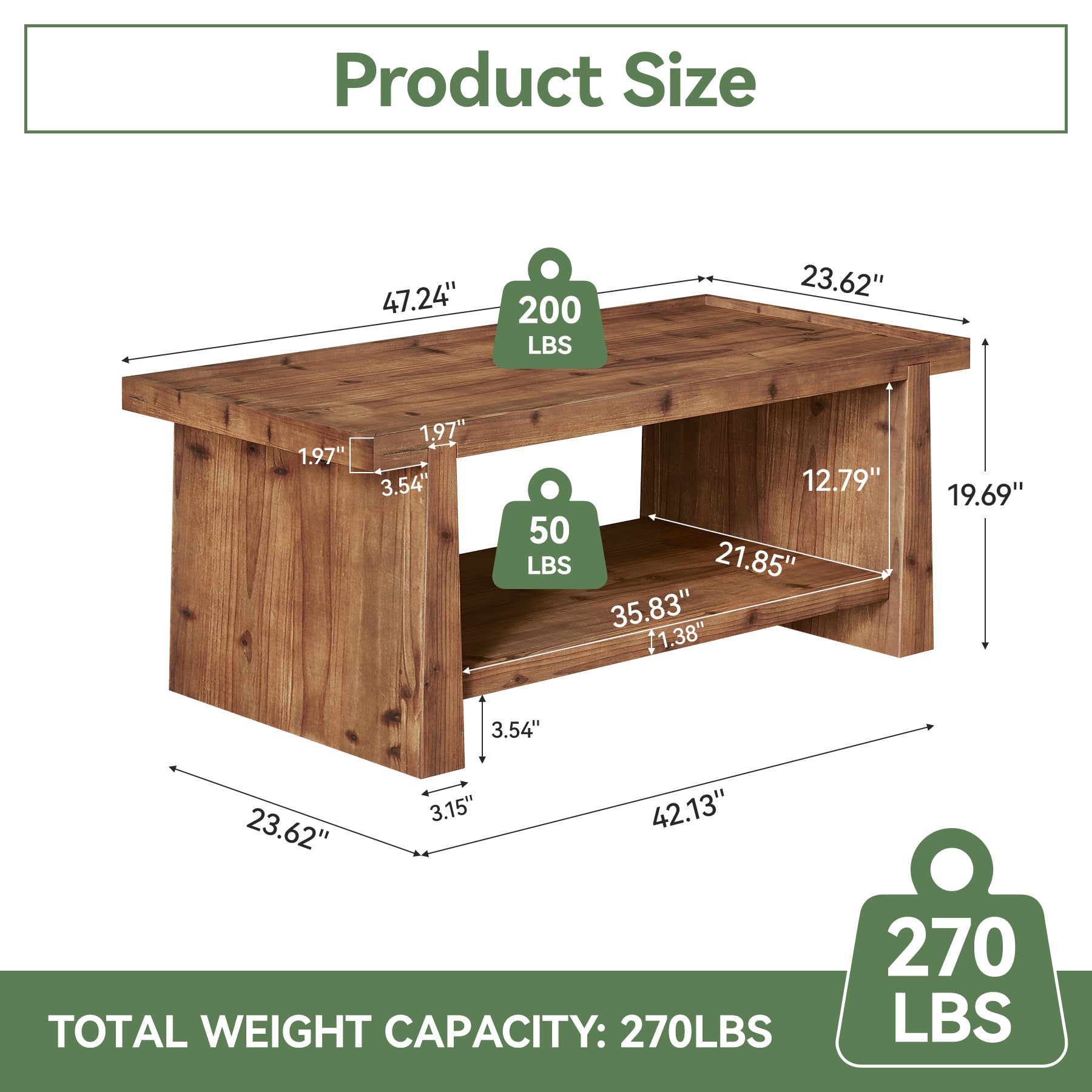 47" Wood Coffee Table, Farmhouse Center Table with 2-Tier Open Storage