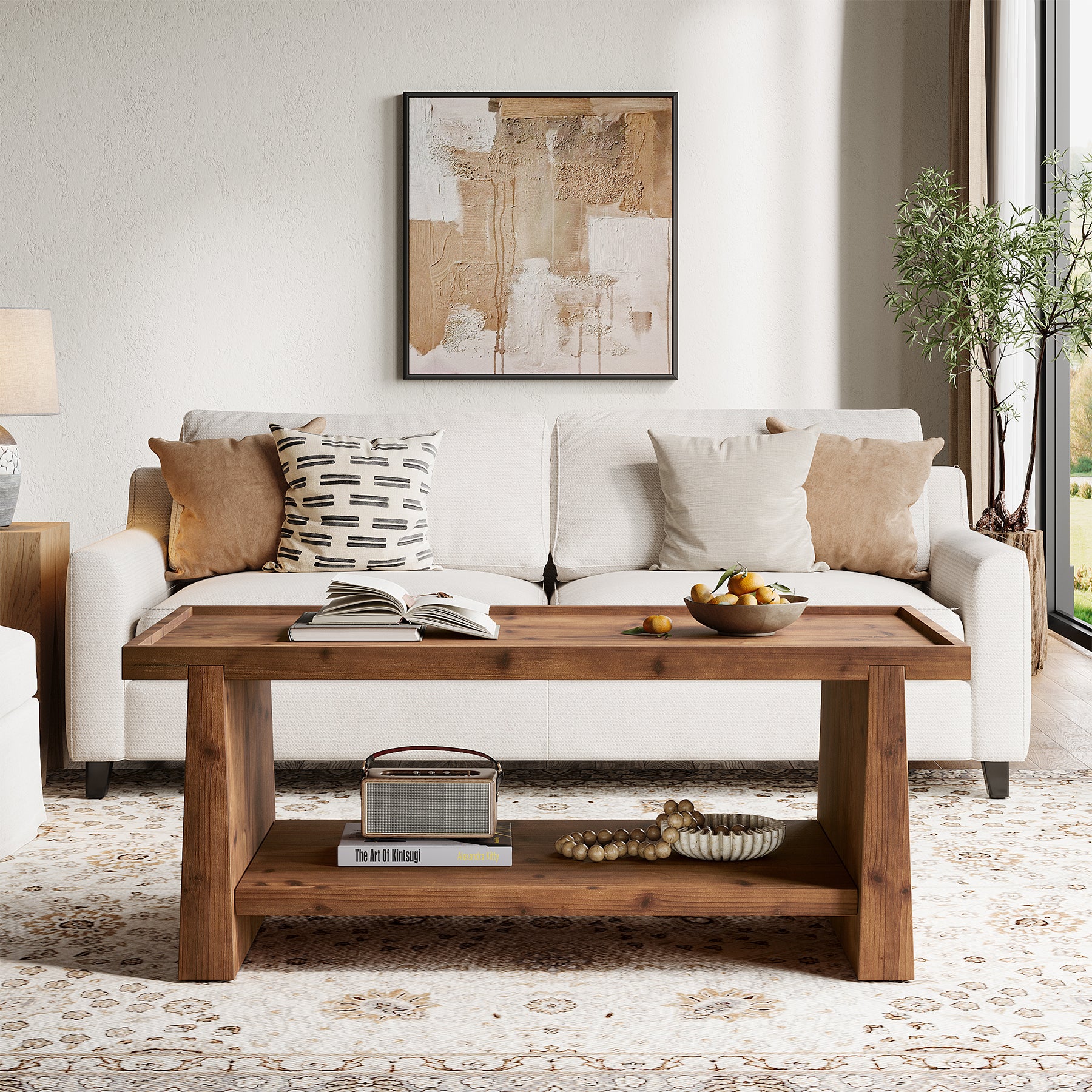 47" Wood Coffee Table, Farmhouse Center Table with 2-Tier Open Storage