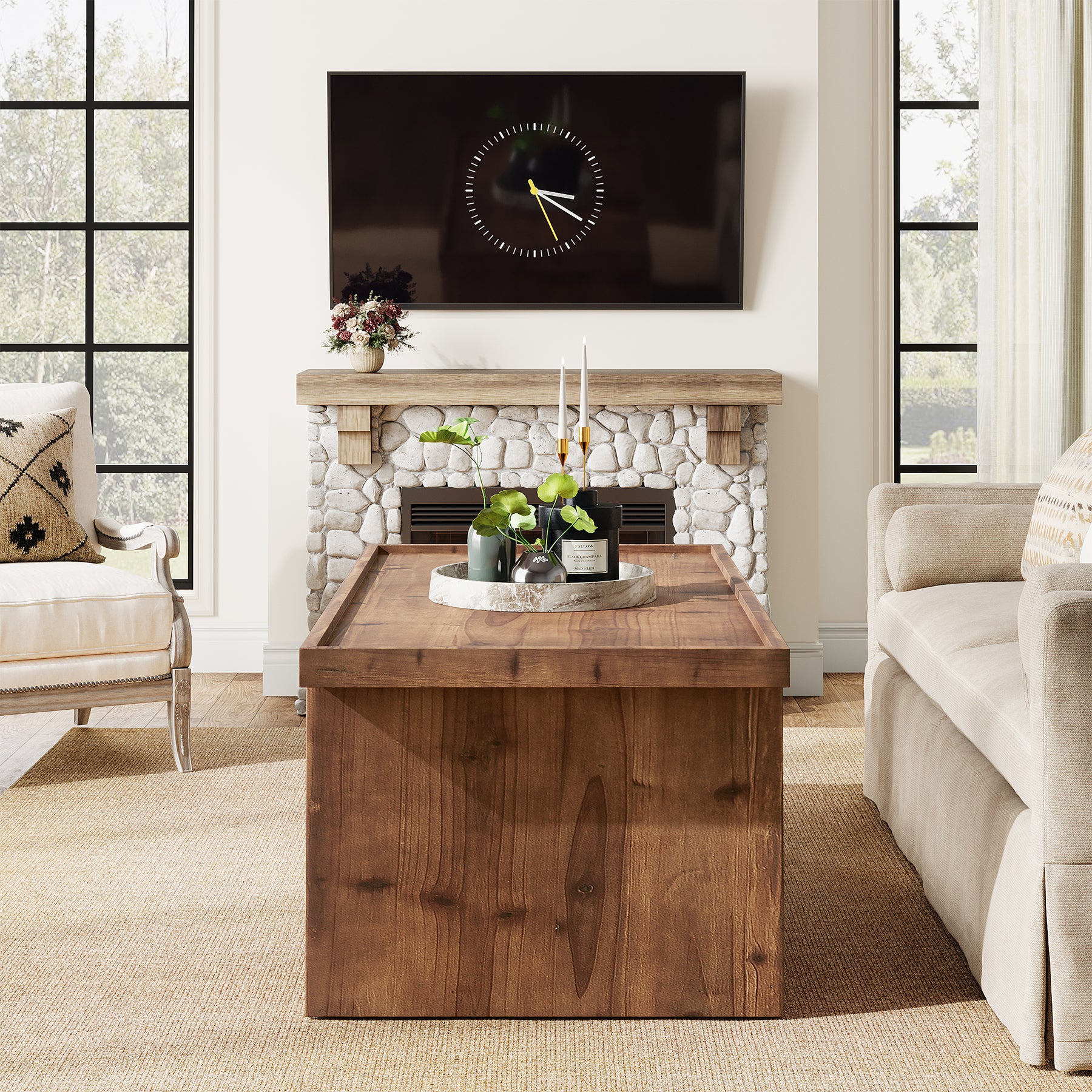 47" Wood Coffee Table, Farmhouse Center Table with 2-Tier Open Storage