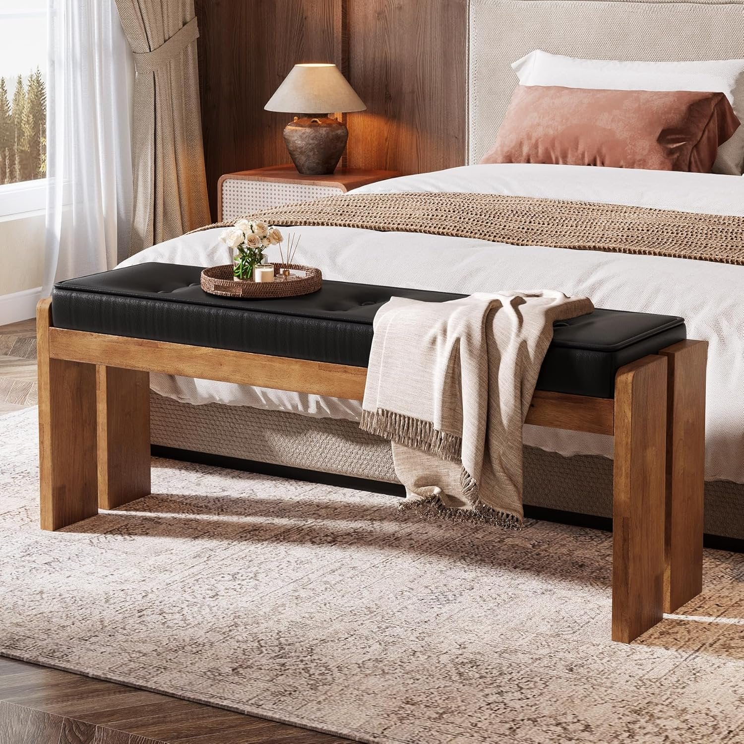 47" Wood Entryway Bench, Modern End of Bed Bench with Button-Tufted Leather Pad