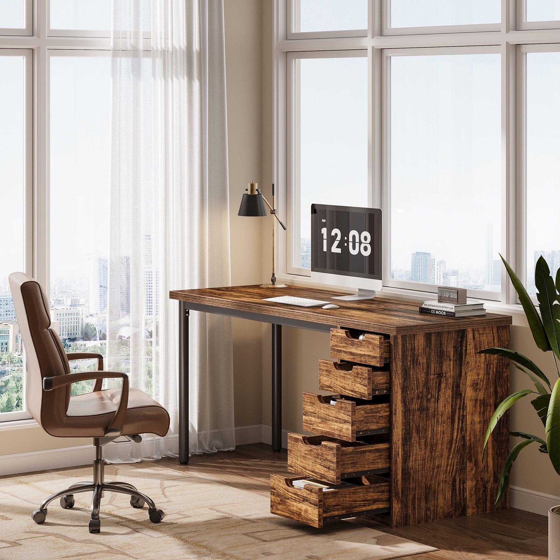 Tribesigns 47" Computer Desk with 5 Reversible Drawers, Rustic Home Office Workstation