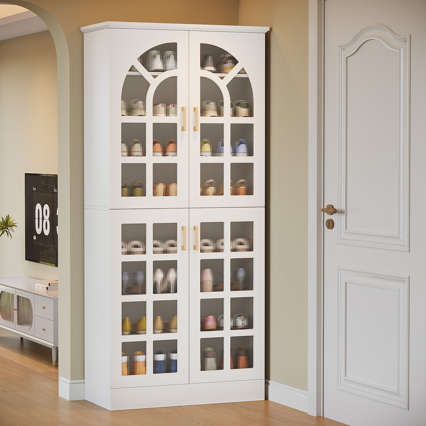 69" Shoe Cabinet, 8-Tier Shoe Rack Organizer with Doors and Led Lights