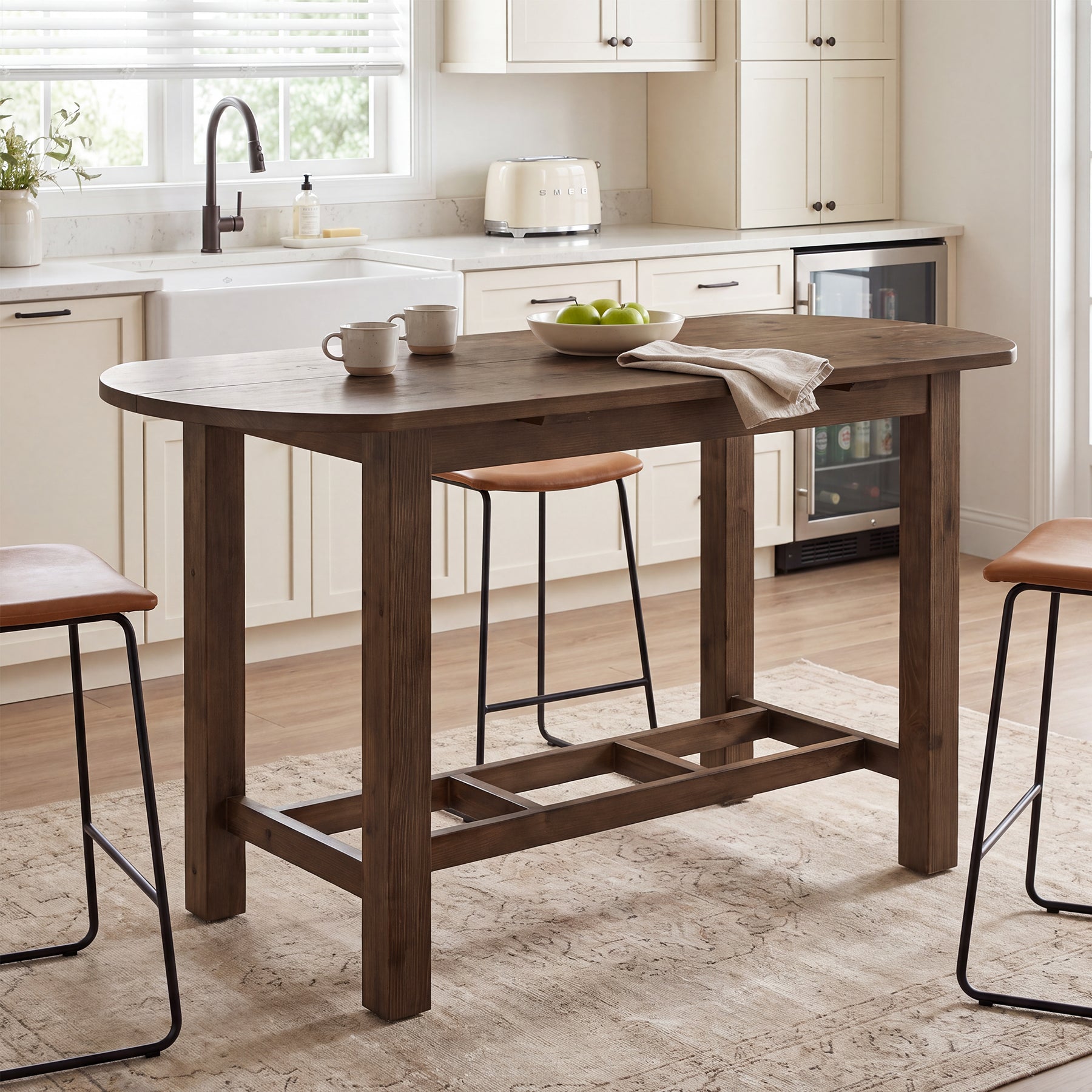 63" Solid Wood Kitchen Island, Farmhouse Stationary Island Table with Oval Tabletop