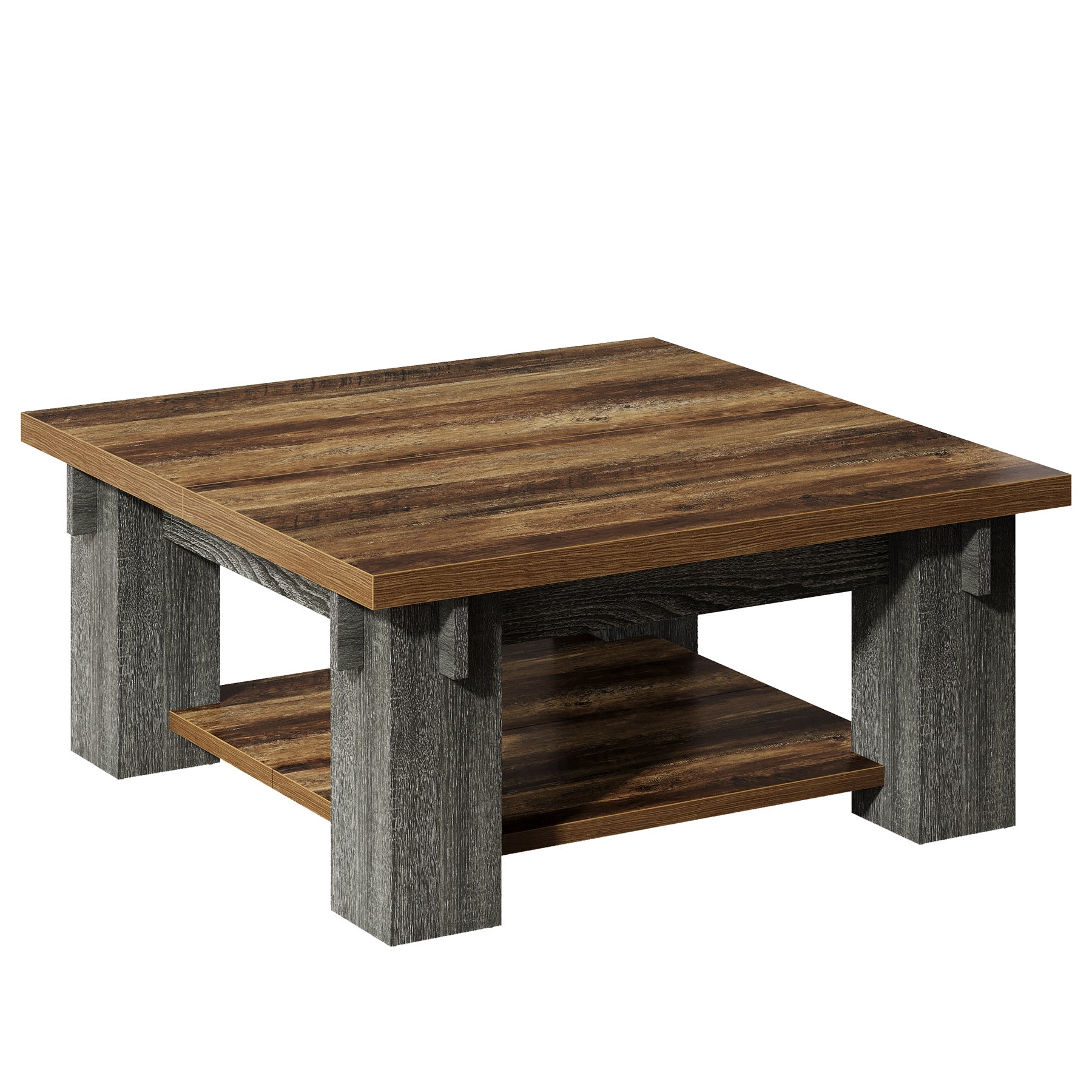 39.4" Square Farmhouse Coffee Table, 2-Tier Living Room Center Table with Open Storage Shelf