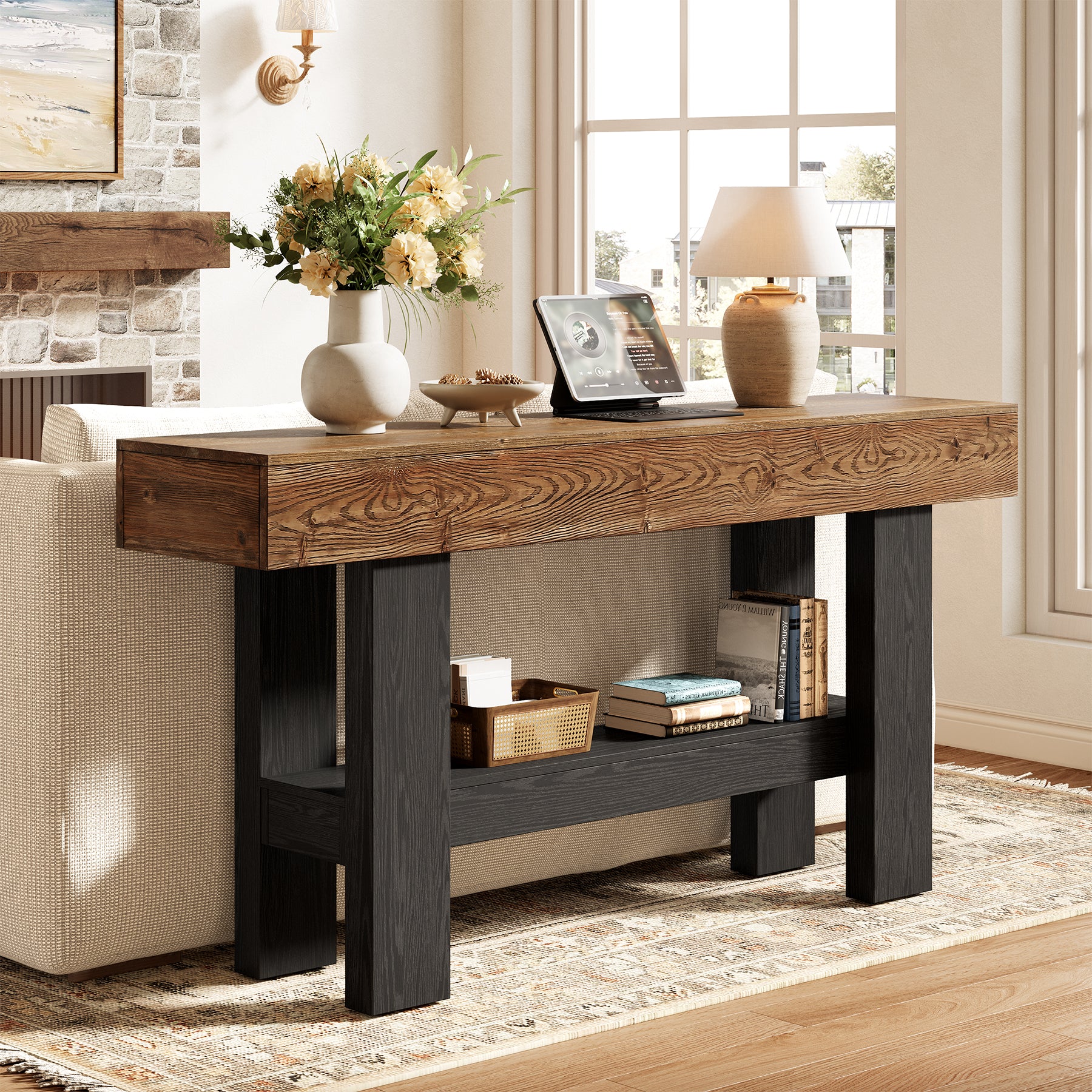63" Solid Wood Console Table, Narrow Sofa Table with Storage Shelf