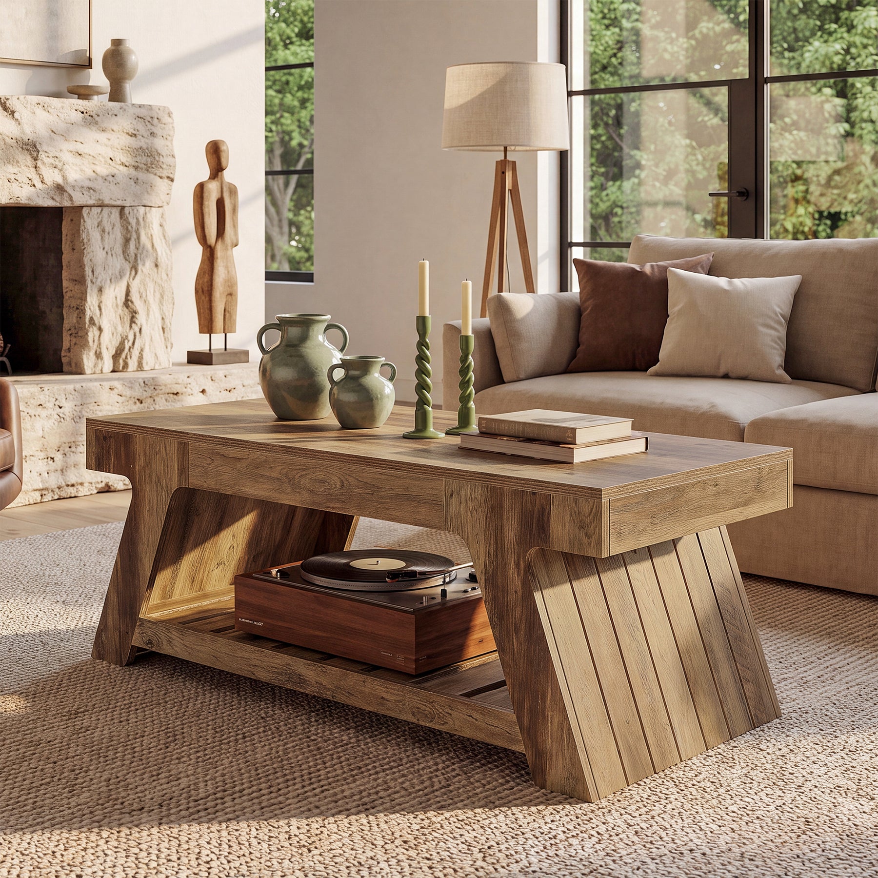 47" Farmhouse Coffee Table, 2-Tier Center Table with Slatted Storage Shelf for Living Room