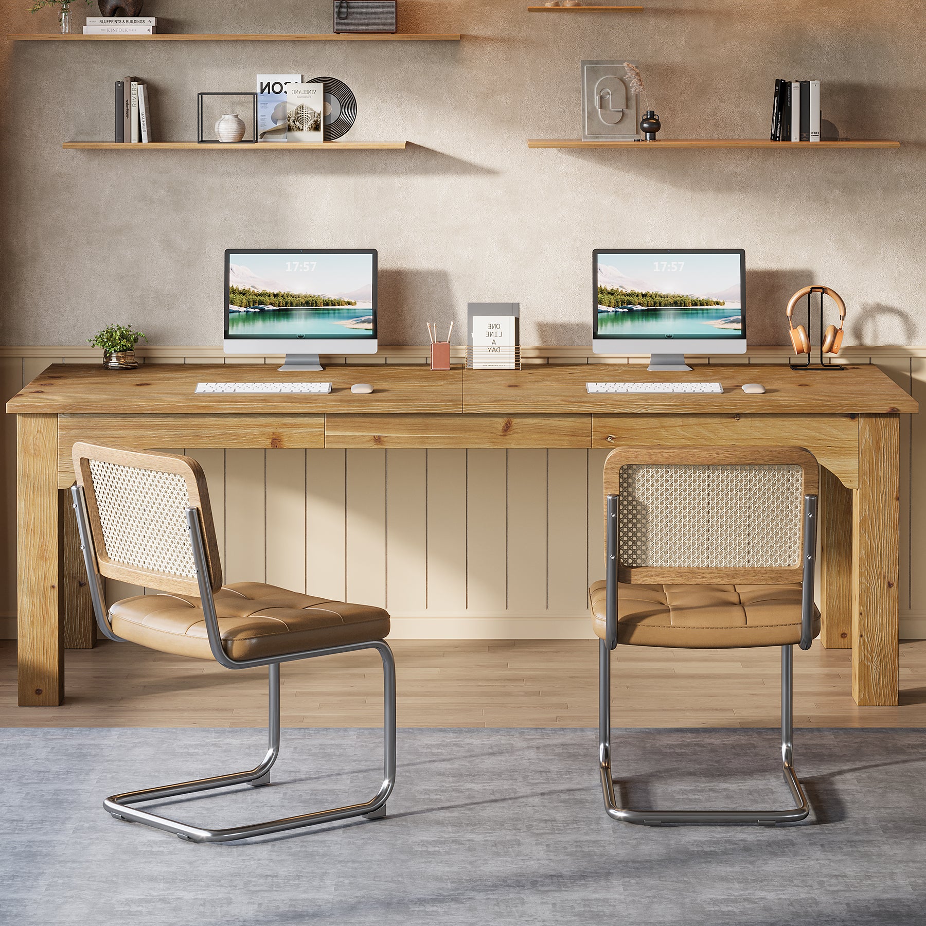 Solid Wood 2-Person Desk, 79" Long Computer Desk Double Writing Table