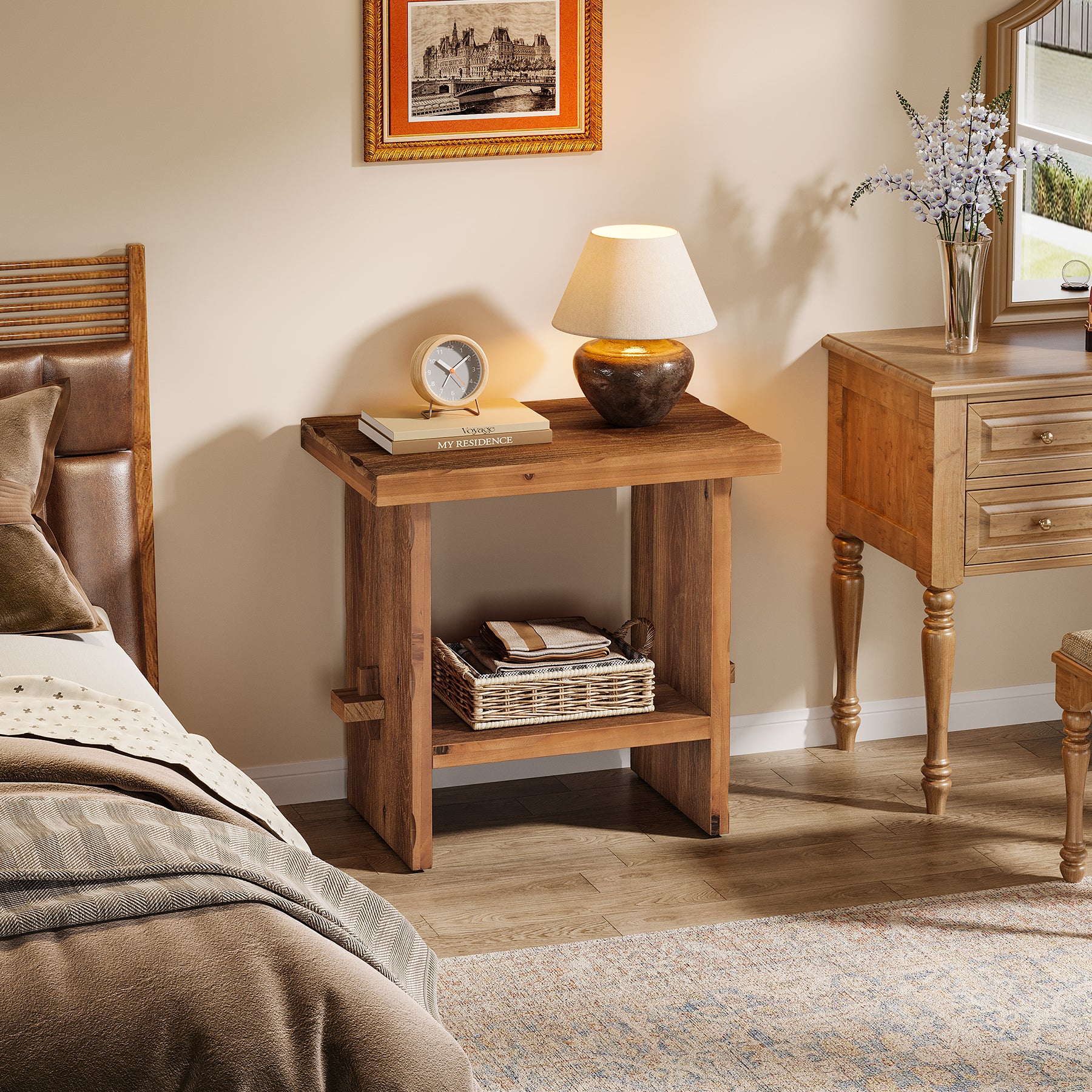 23.62-Inch Solid Wood Nightstand with Storage, Farmhouse Bedside Table with Wooden Base for Bedroom