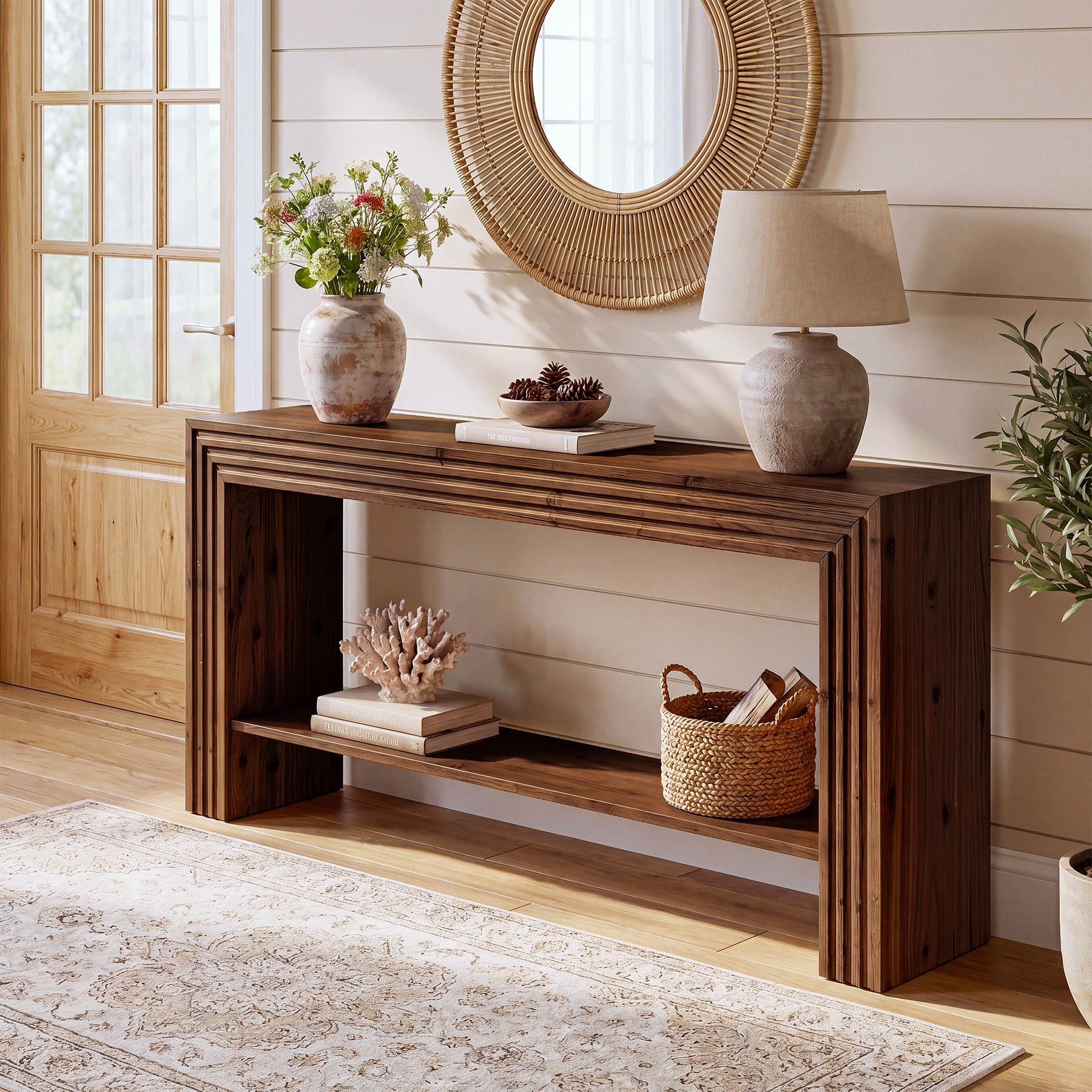 63" Solid Wood Farmhouse Console Table, Entryway & Sofa Table with Storage Shelf