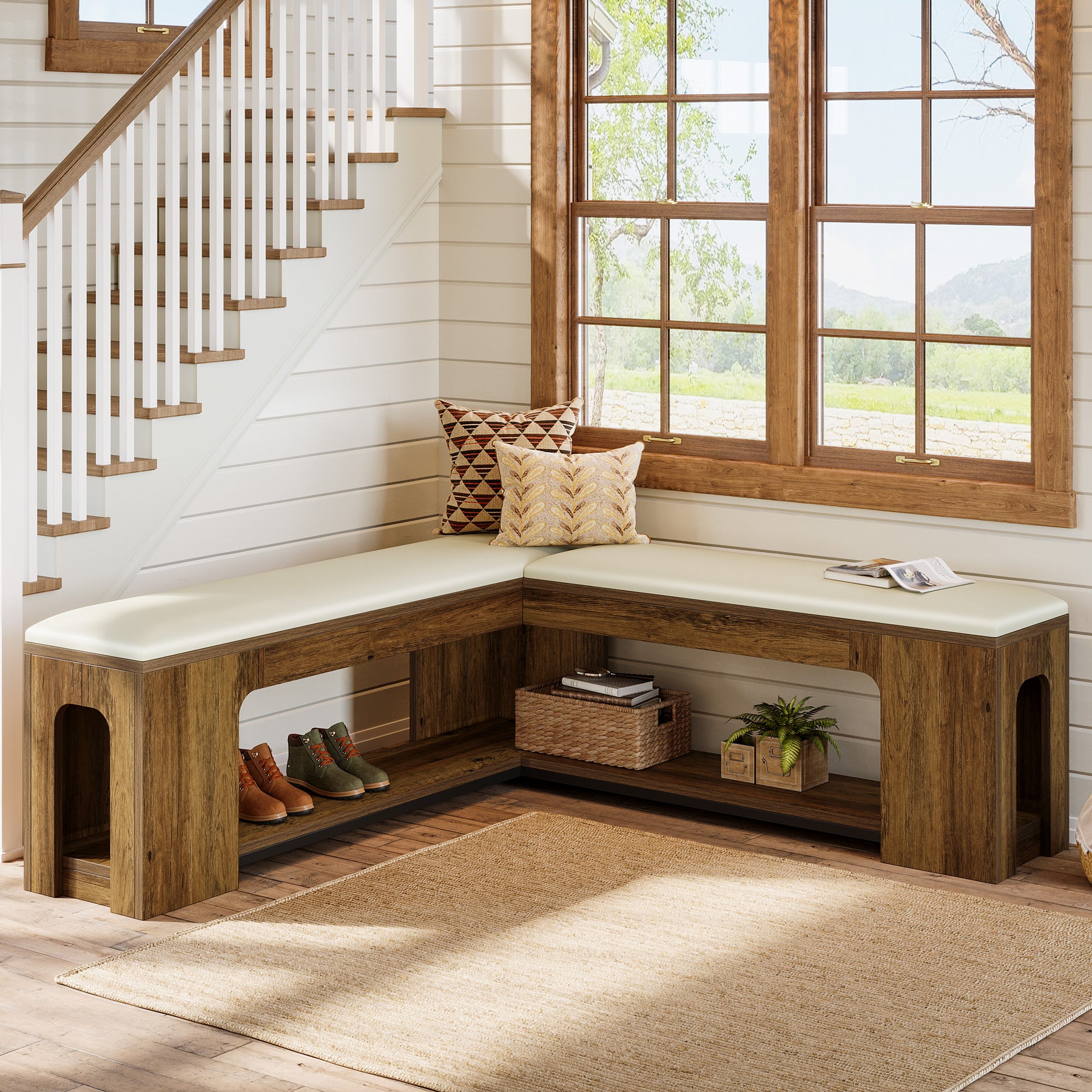 L-Shaped Corner Bench, Farmhouse Dining Bench with Removable Seat Cushion