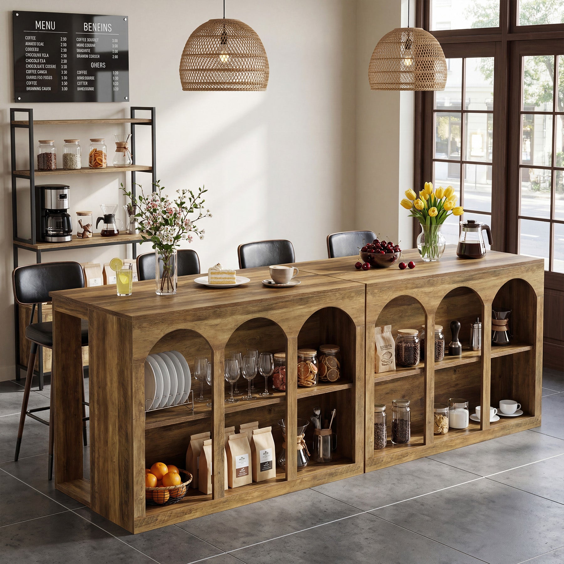 Wooden Kitchen Island, 55" Counter Height Coffee Bar Table with 2-Tier Shelves