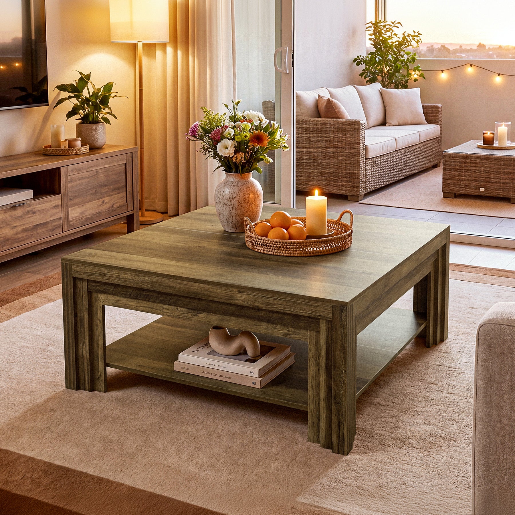 Farmhouse Square Coffee Table with Shelf