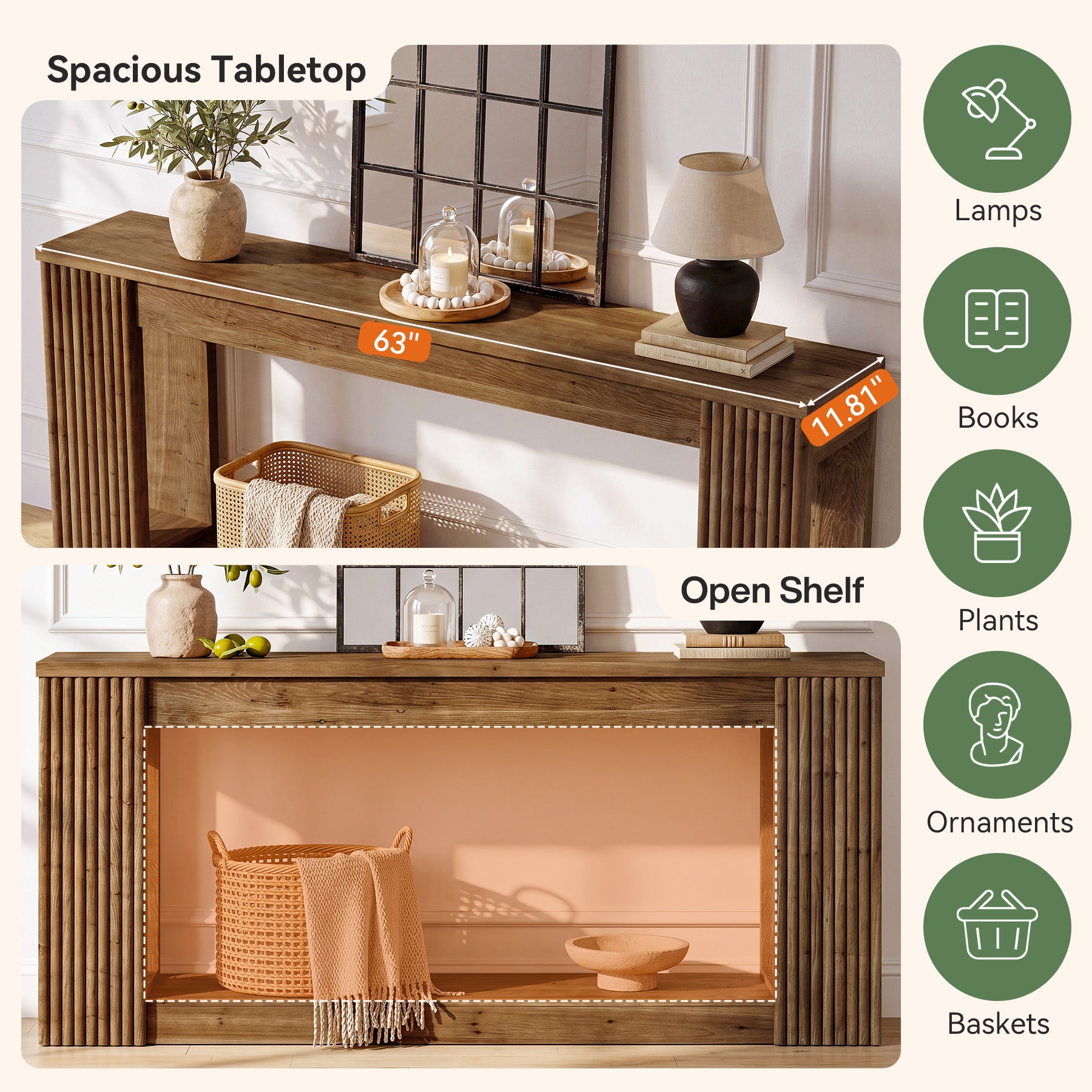 63" Solid Wood Console Table with Storage Shelf, Farmhouse Entryway Table with Fluted Legs