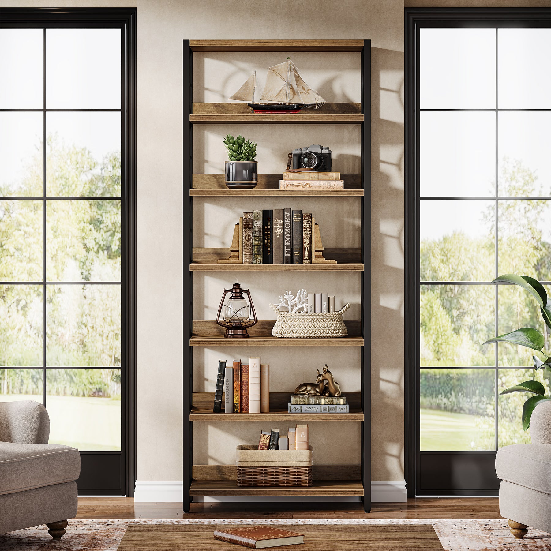 6 - Tier Bookshelf, 70.86" Bookcase Industrial Freestanding Display Shelf Tribesigns