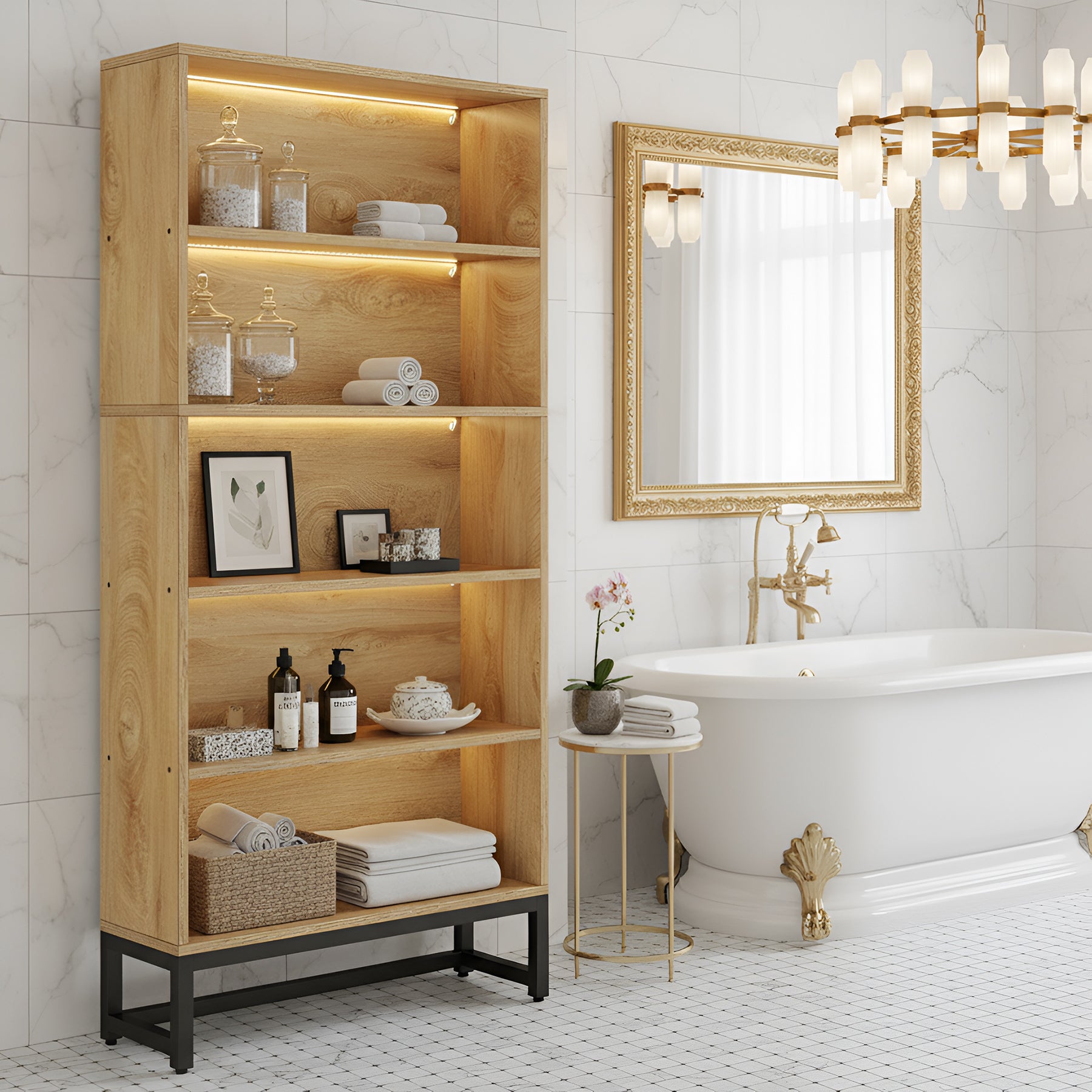 70.4“ 5-Tier Freestanding Bookshelf with LED Lights, Heavy-Duty Bookcase Display Organizer