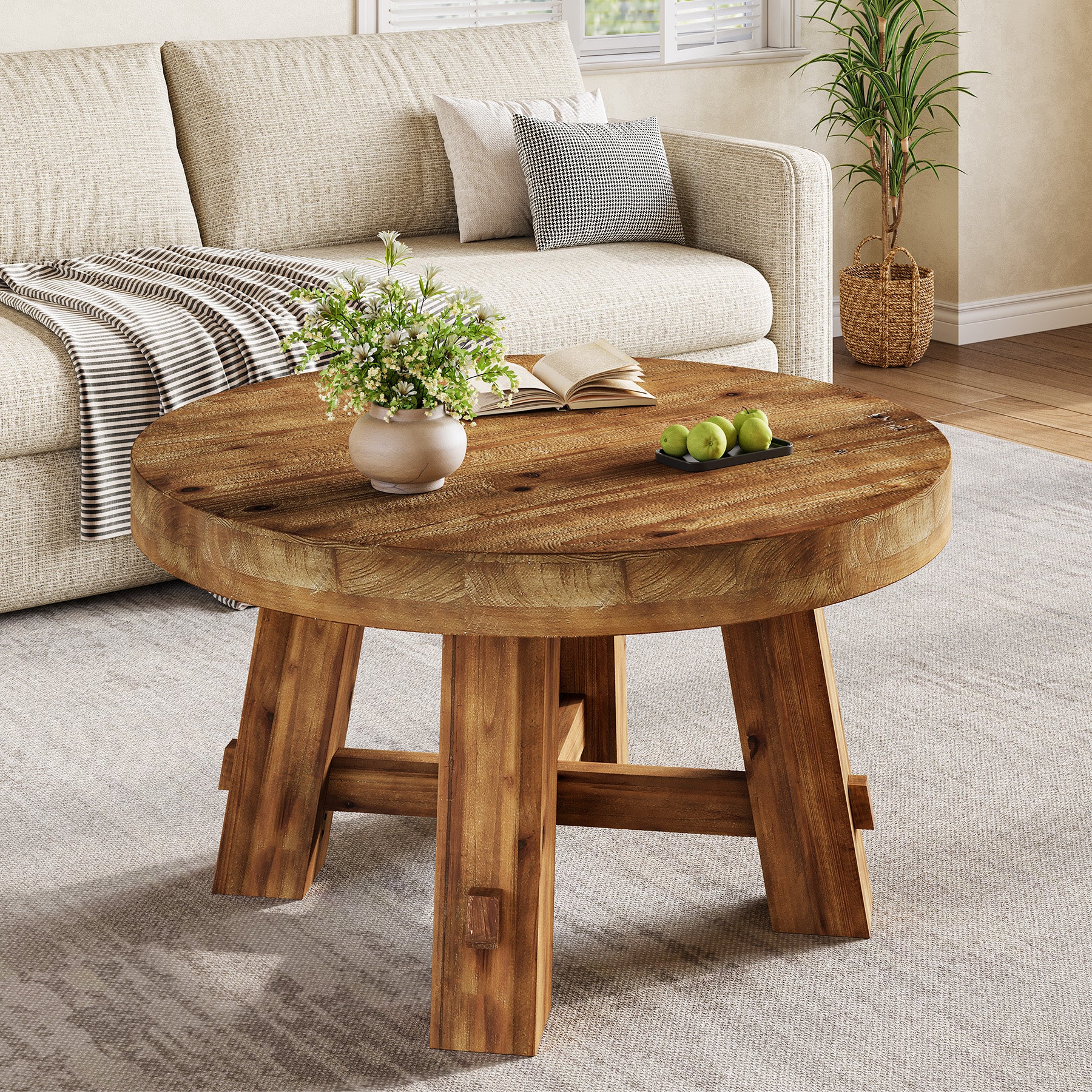 Solid Wood Round Coffee Table with Thick Top