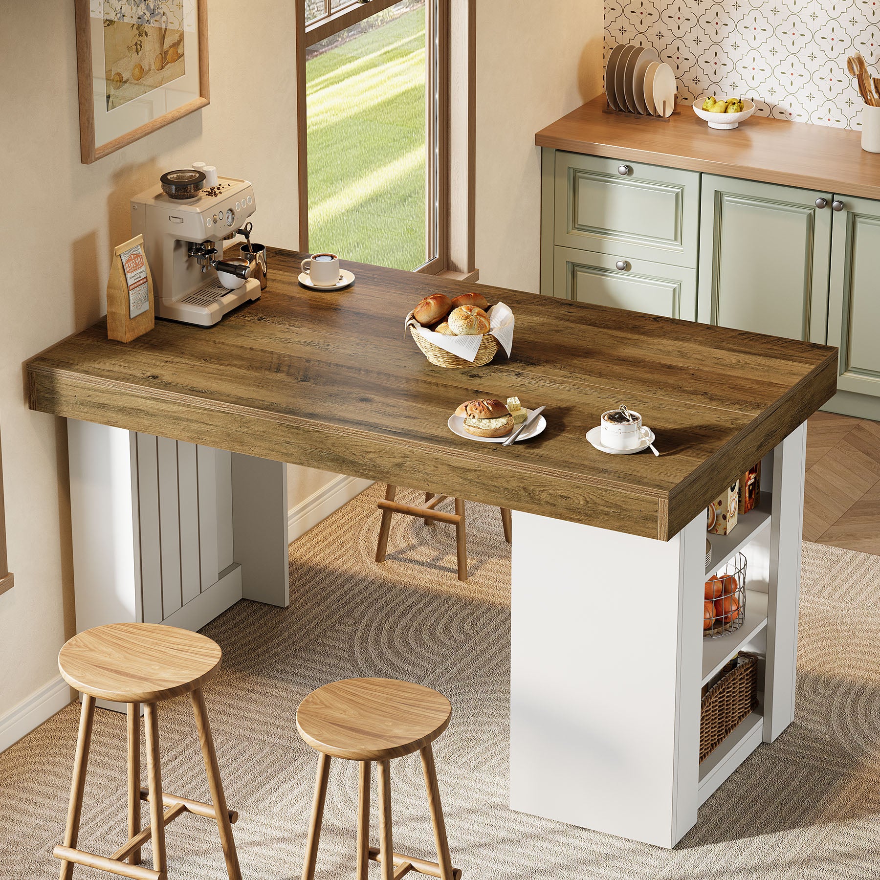 55" Kitchen Island with Storage, Farmhouse Stationary Island Table for Kitchen