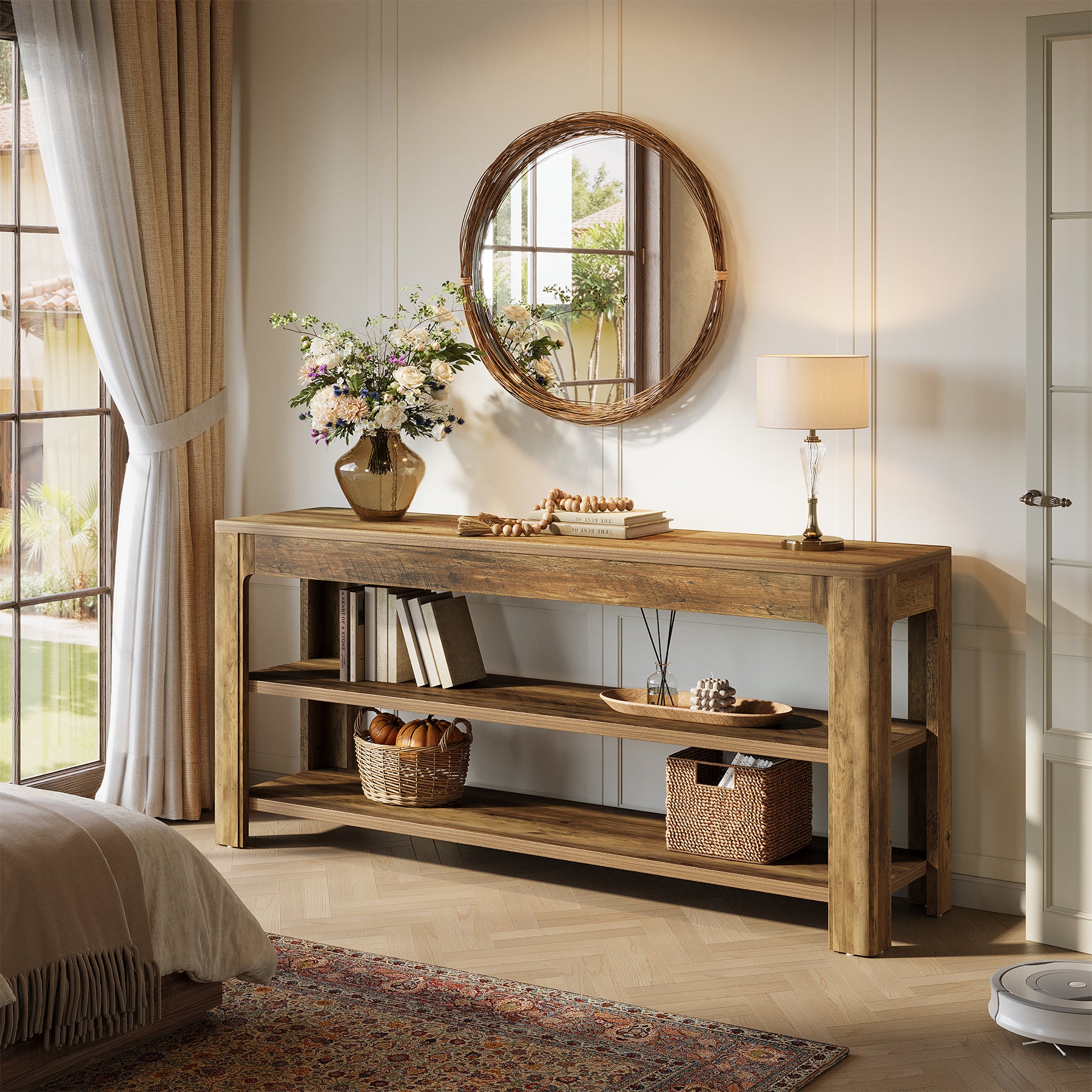 63" Farmhouse Console Table with 3-Tier Shelves, Narrow Wooden Sofa Table with Storage for Entryway, Hallway, or Living Room