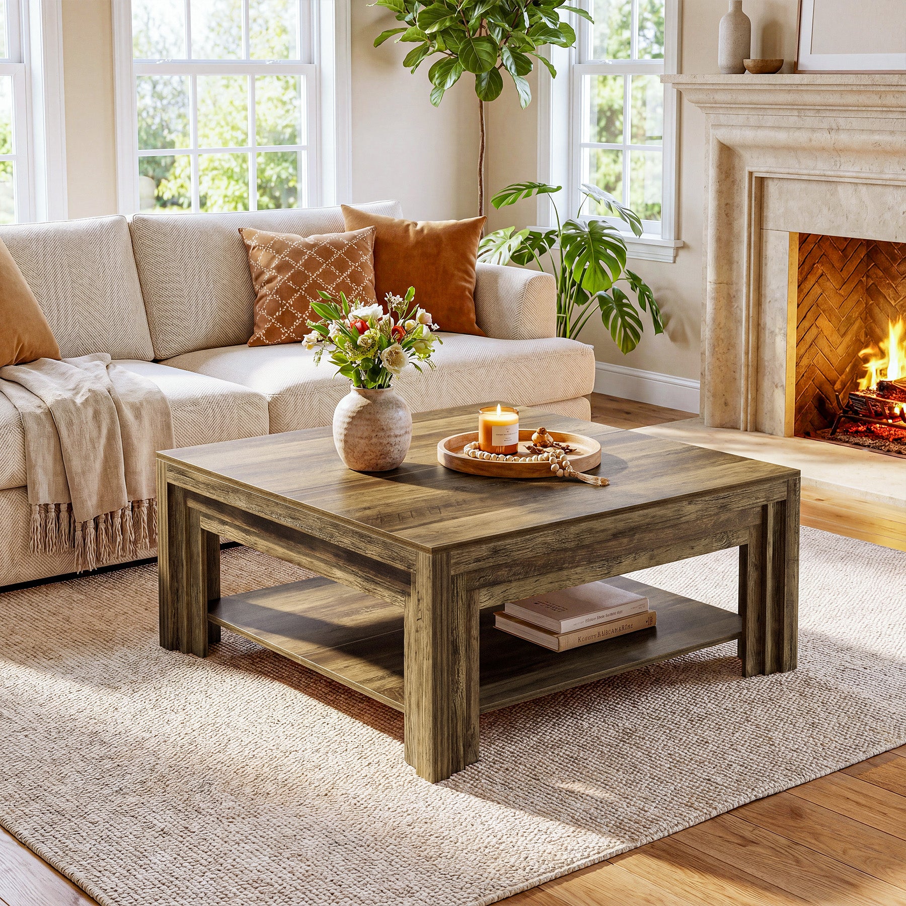Farmhouse Square Coffee Table with Shelf