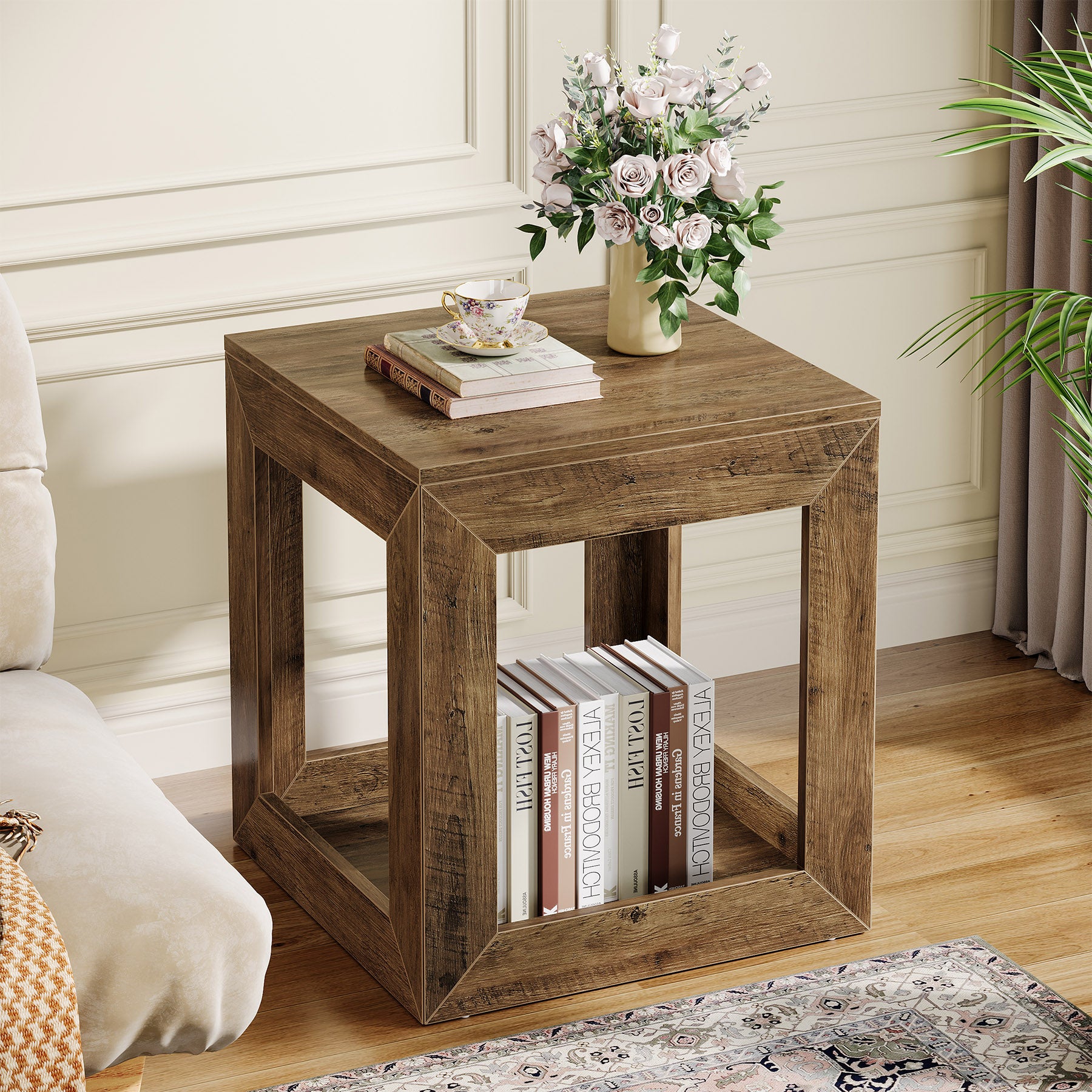 Square End Table, 9.7" Side Table Nightstand with 2-Tier Storage Shelf