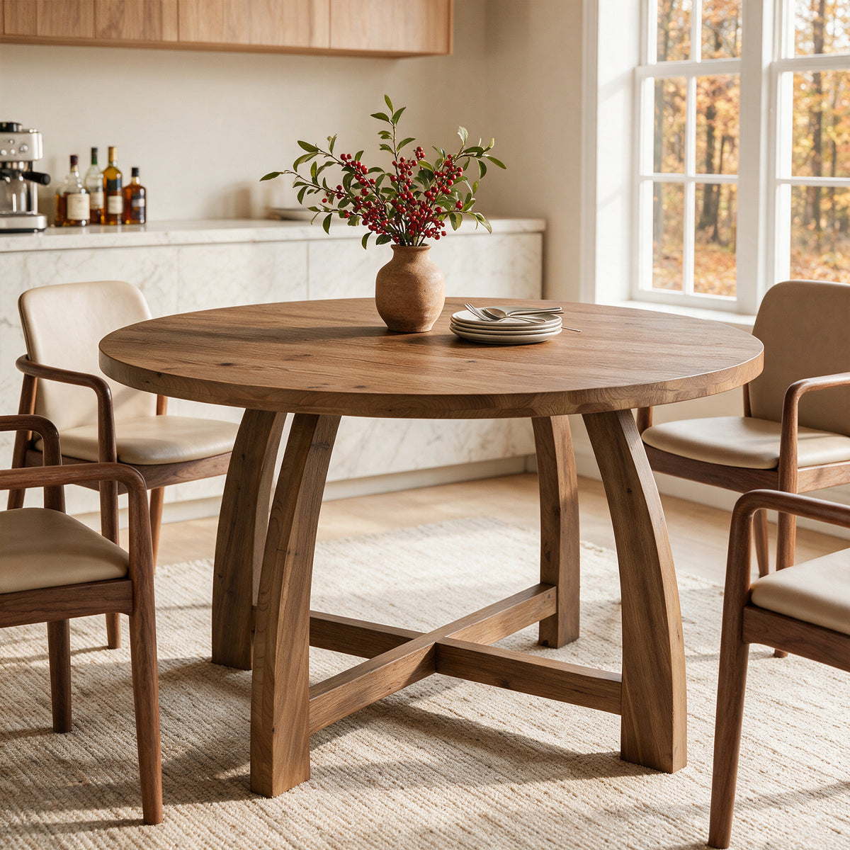 47" Solid Wood Dining Table for 4-6, Round Kitchen Table with Cross Base for Dining Room