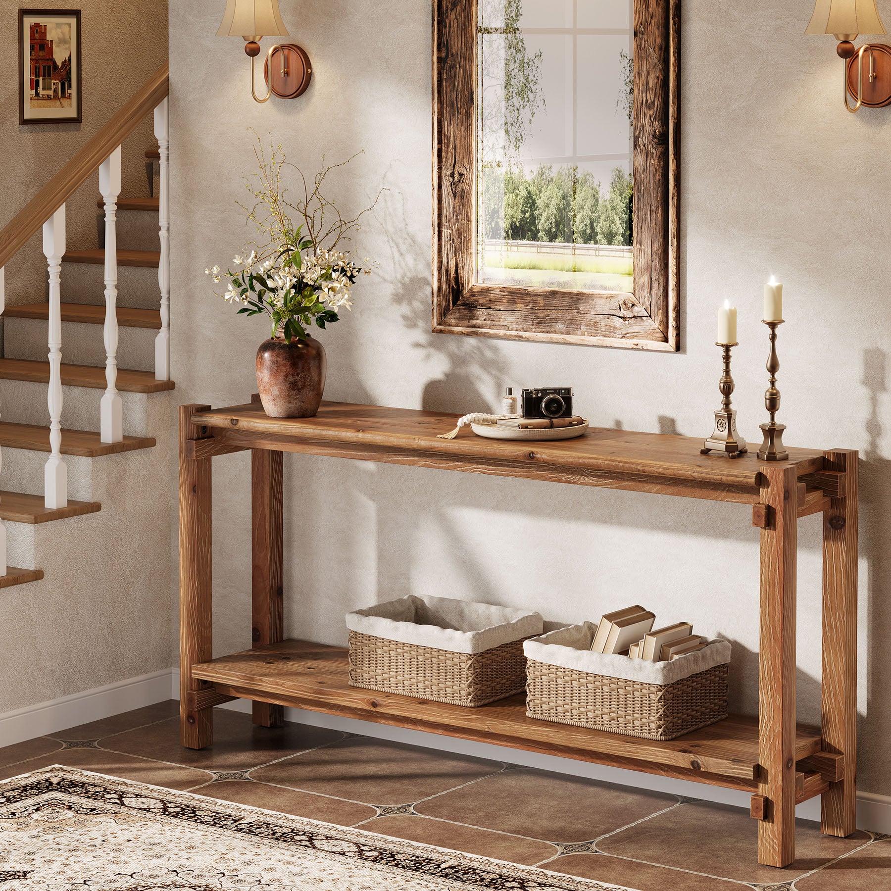 63" Solid Wood Console Table, 2-Tier Farmhouse Entryway Table with Storage