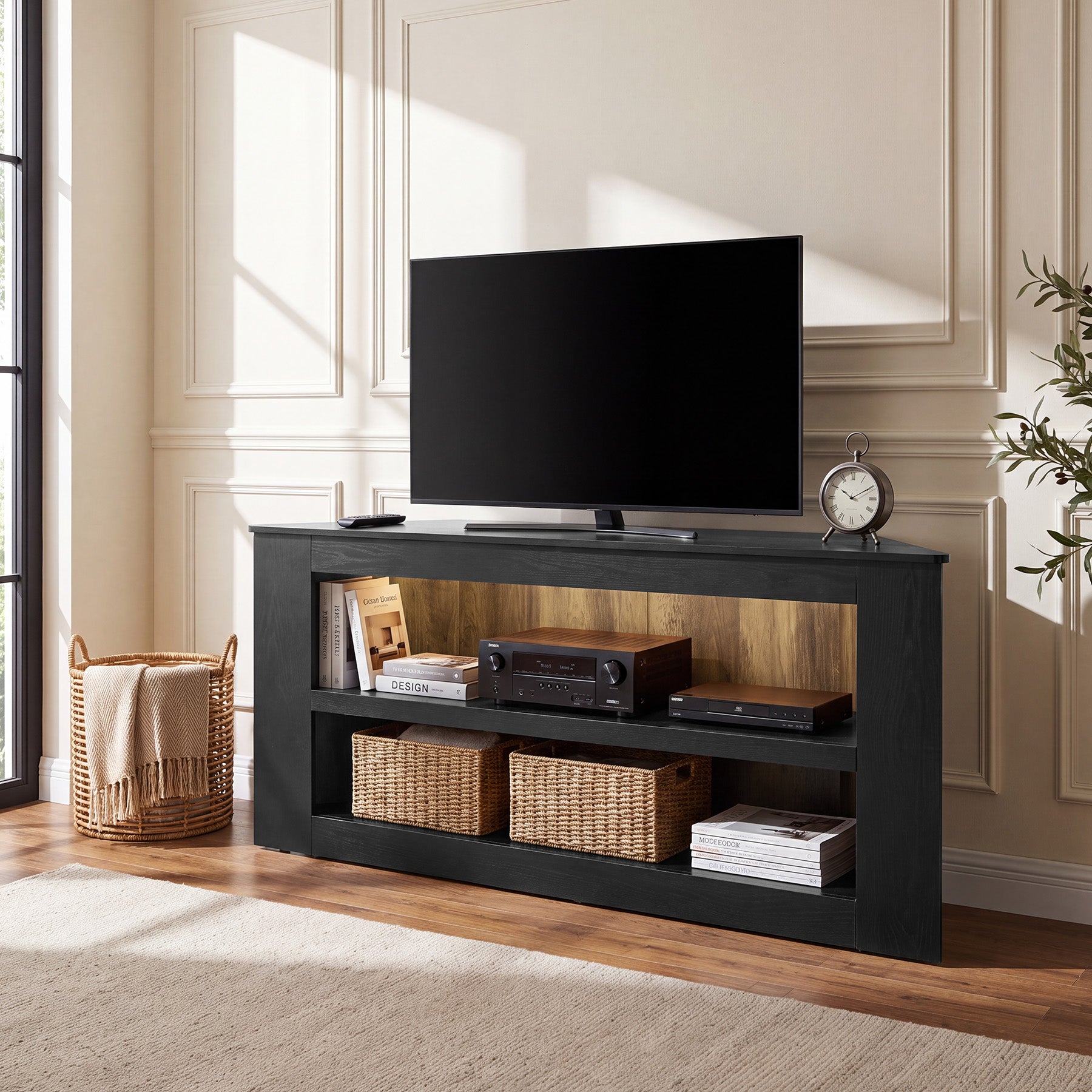 59" Corner TV Stand for 65" TV, Entertainment Center with 2-Tier Shelves, Living Room
