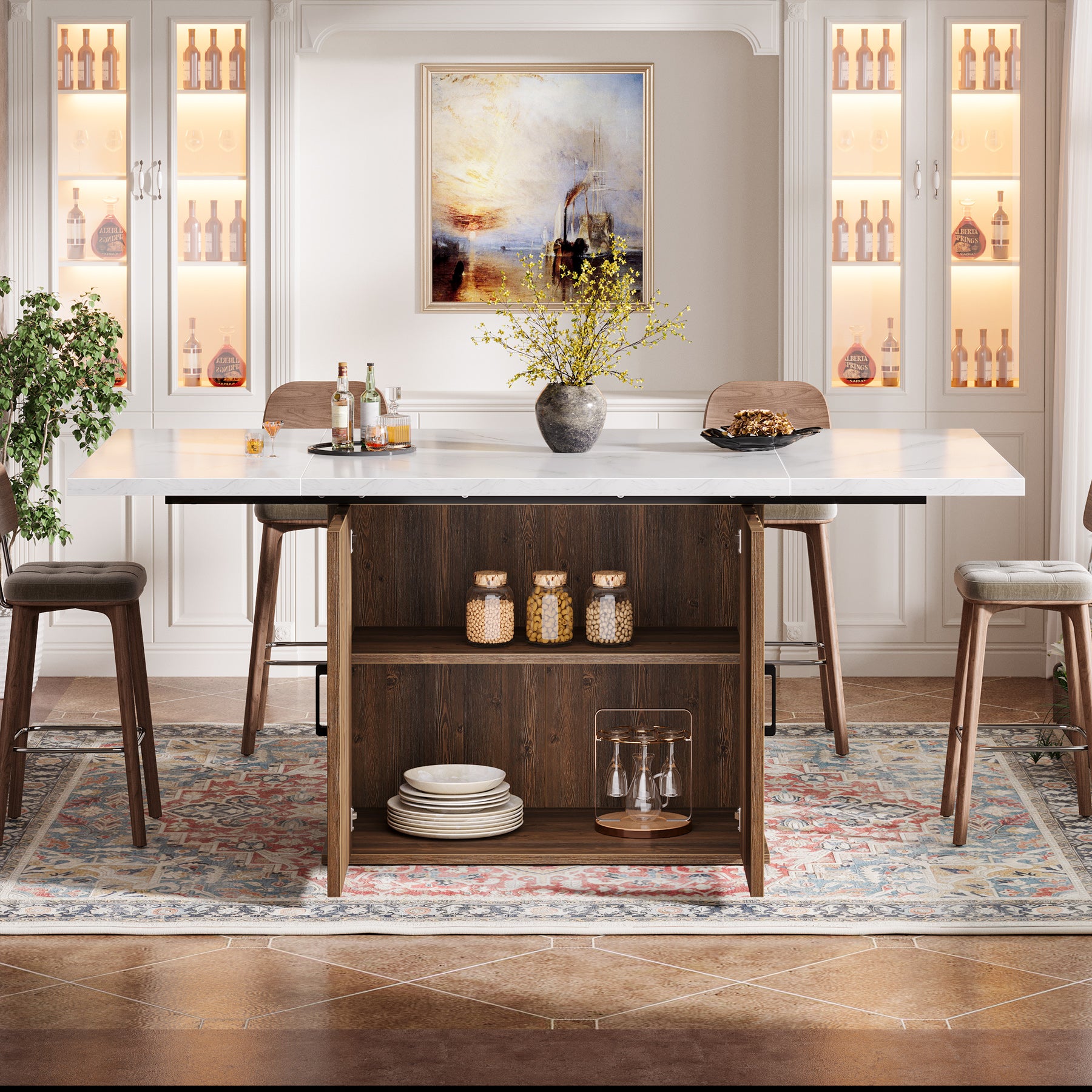 63" Dinning Table for 4-6, Rectangular Kitchen Table with Storage Cabinet